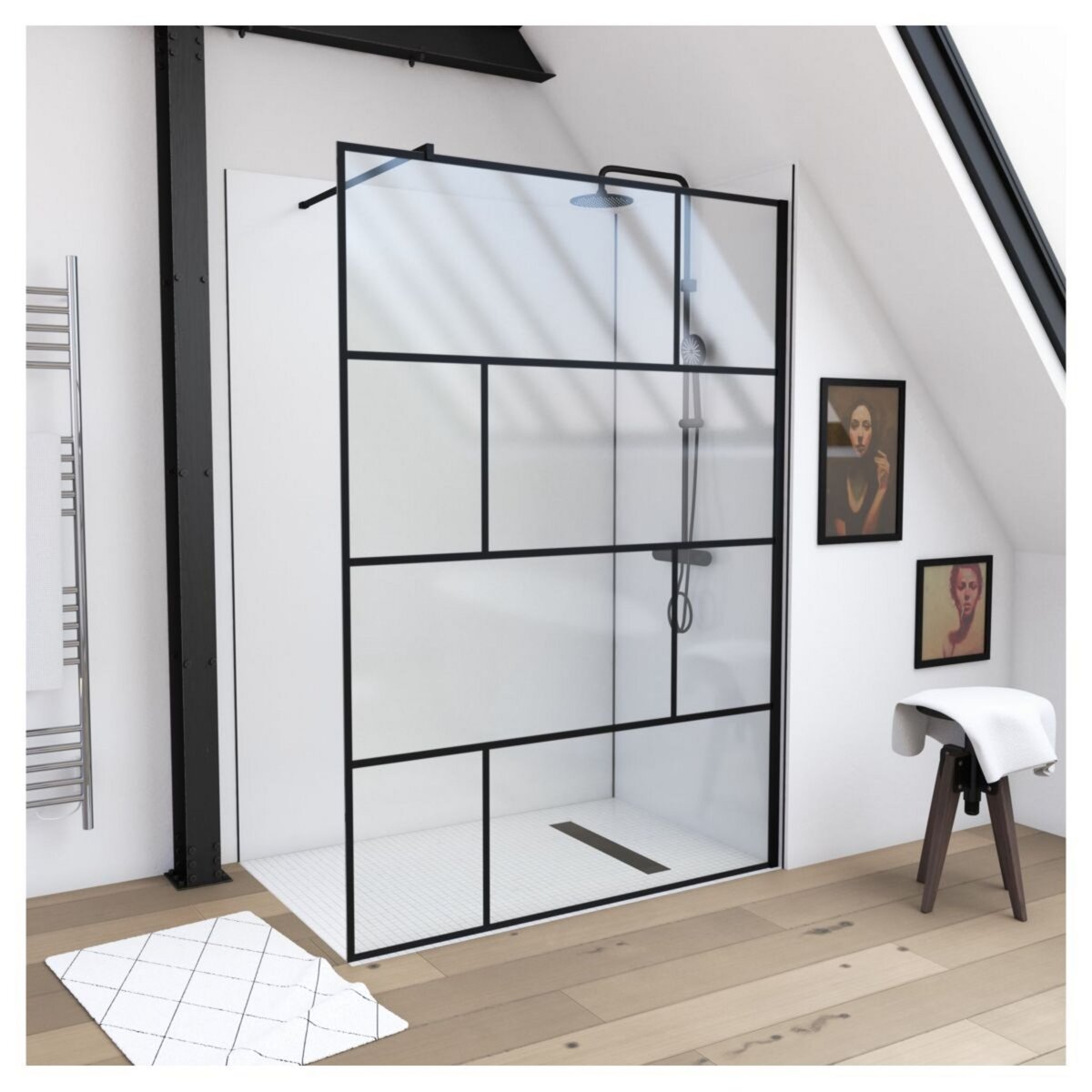 Aurlane Paroi de douche à l'italienne type industriel noir 140x195 cm - BRICKS 140