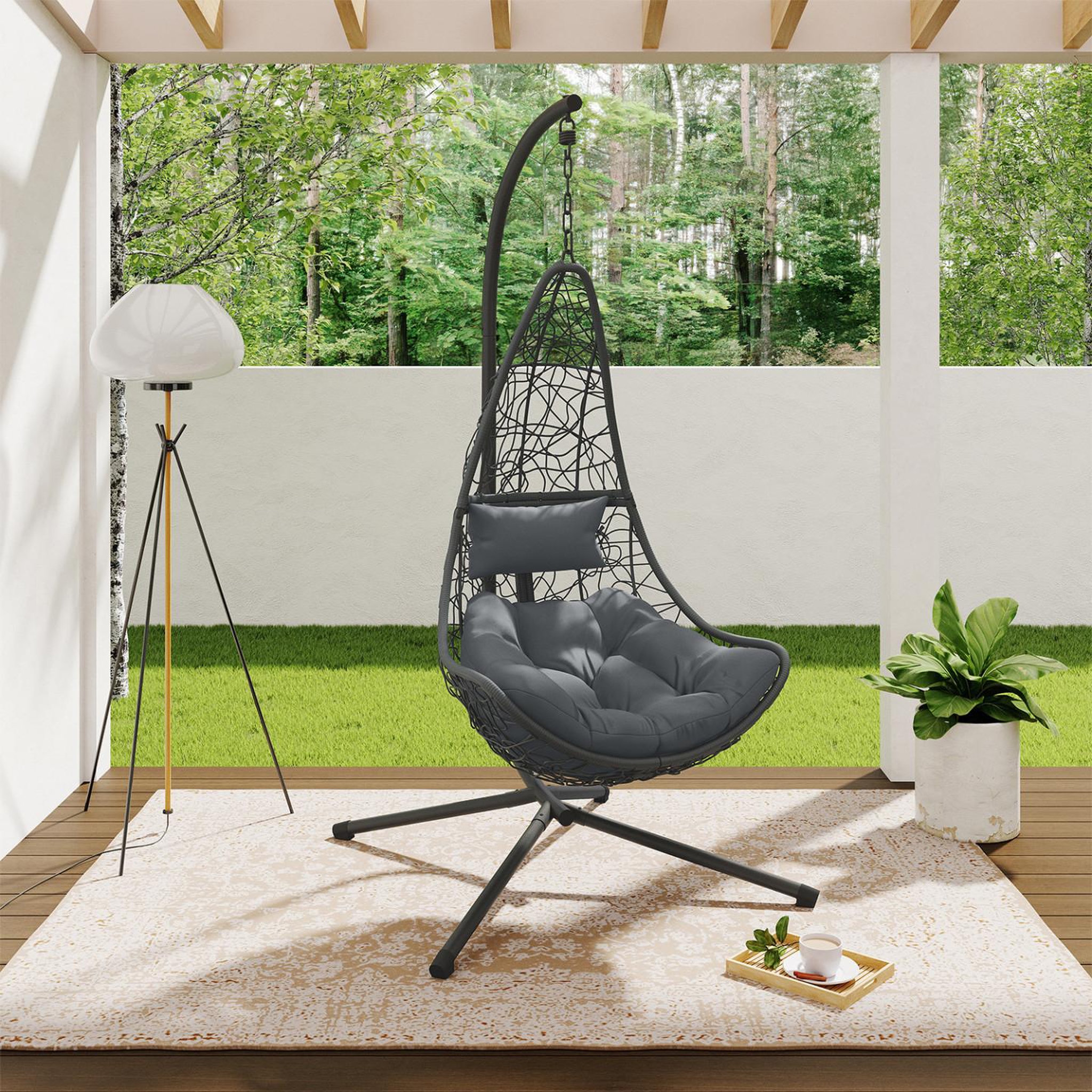 Voir la diapositive 2 : ID MARKET Fauteuil demi-lune suspendu ajouré effet rotin gris avec coussin gris