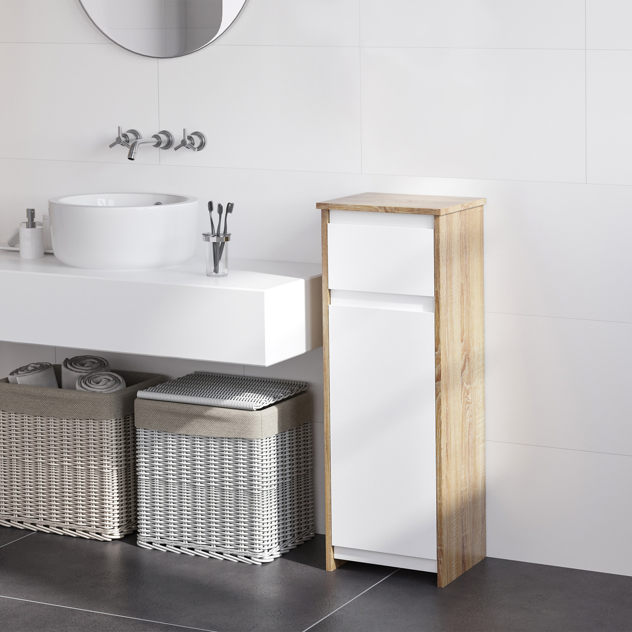 Voir la diapositive 2 : KLEANKIN Meuble colonne bas salle de bain style cosy dim. 32L x 30l x 90H cm porte étagère tiroir MDF blanc aspect chêne clair