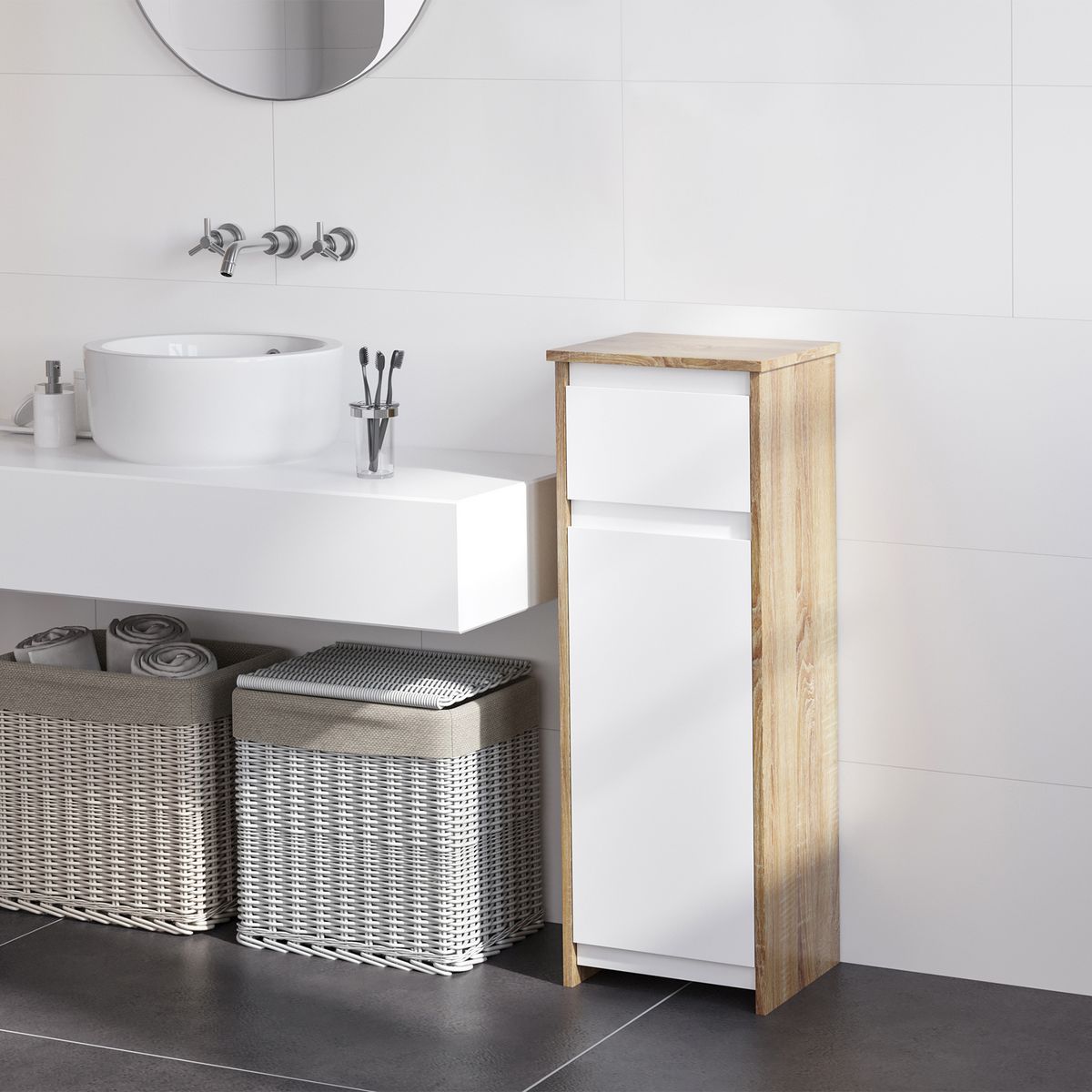 KLEANKIN Meuble colonne bas salle de bain style cosy dim. 32L x 30l x 90H cm porte étagère tiroir MDF blanc aspect chêne clair