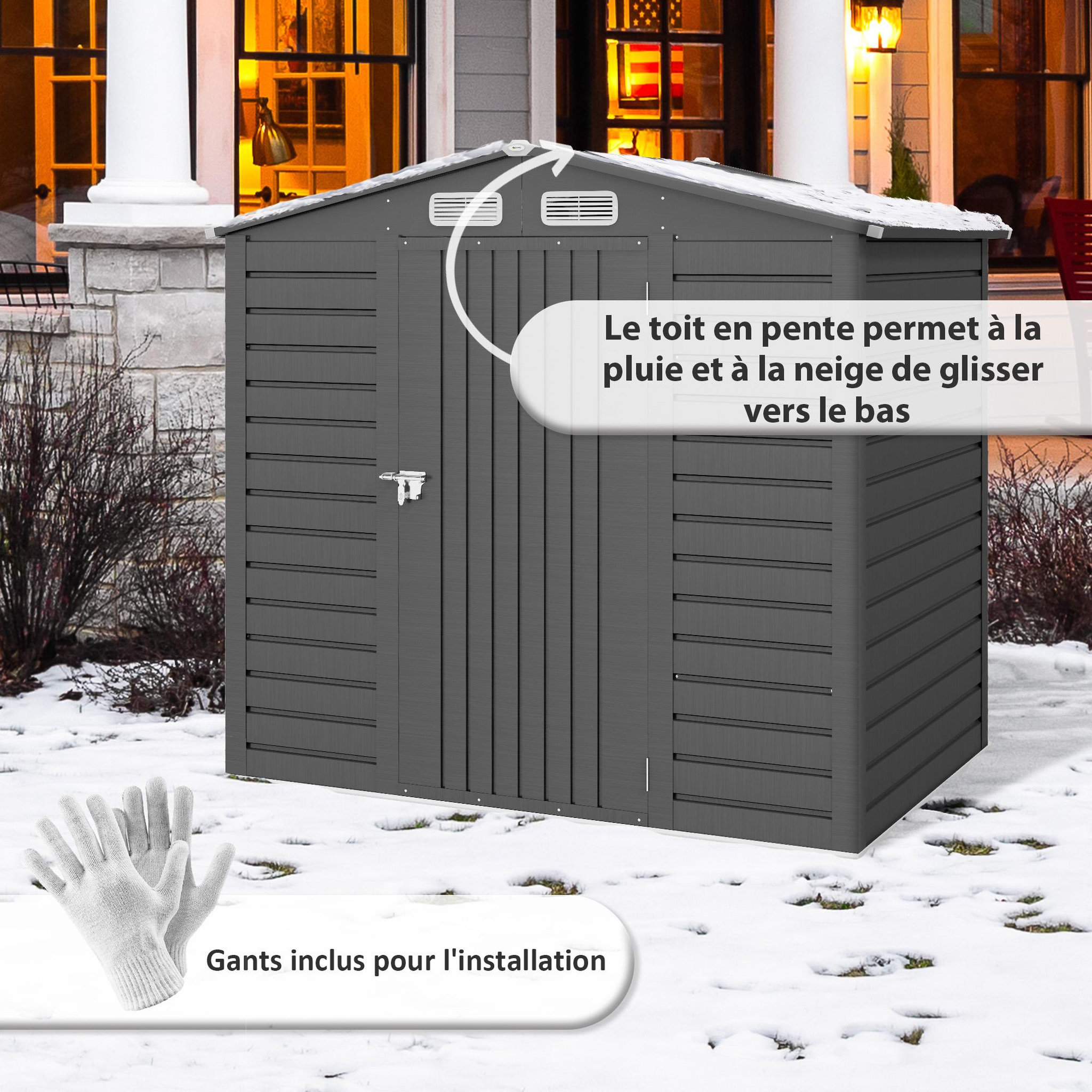 Voir la diapositive 6 : OUTSUNNY Abri de jardin cabanon dim. 190L x 131l x 188H cm porte verrouillable ventilations tôle acier ondulé gris