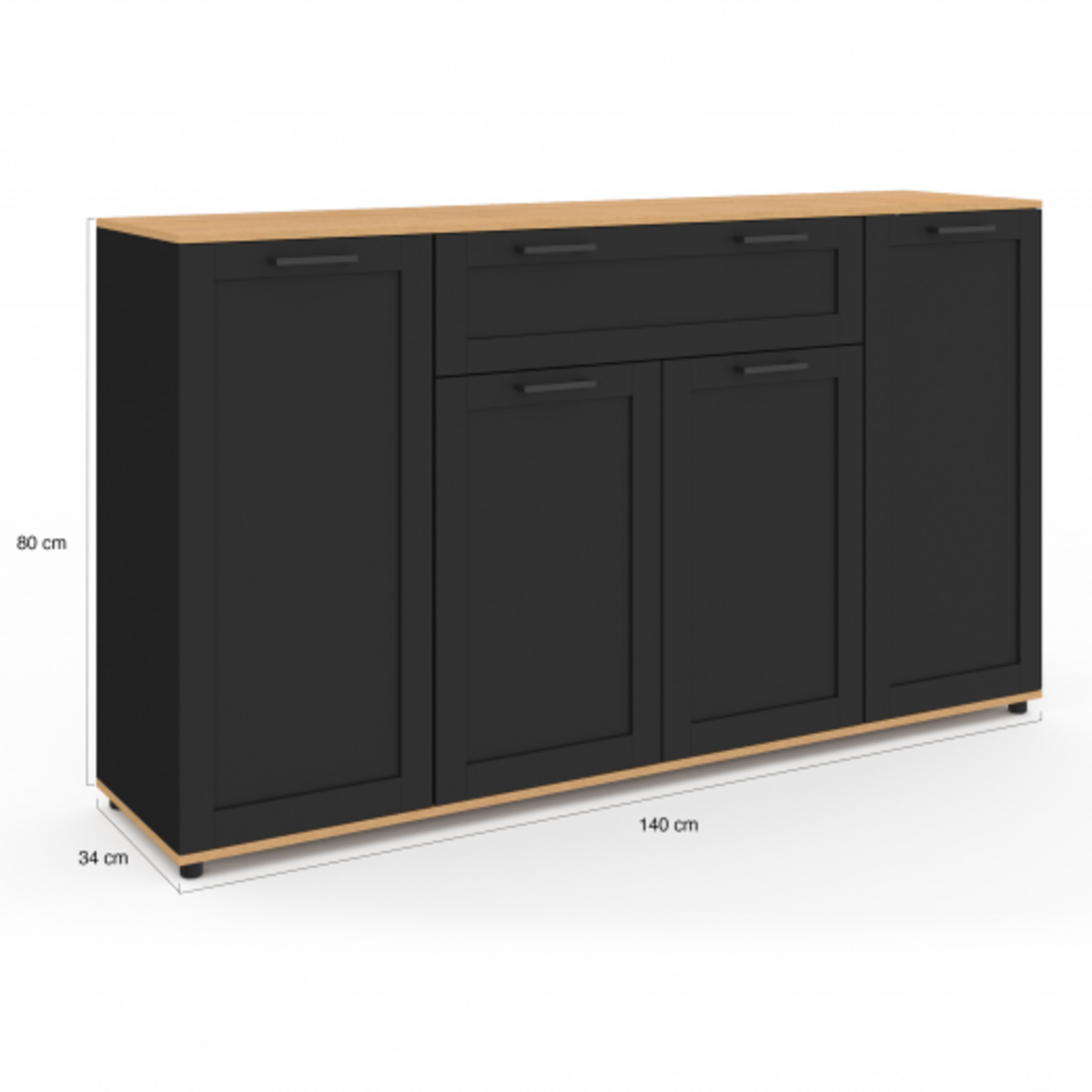 ID MARKET Buffet 140 cm VITO 4 portes et 1 tiroir noir et bois