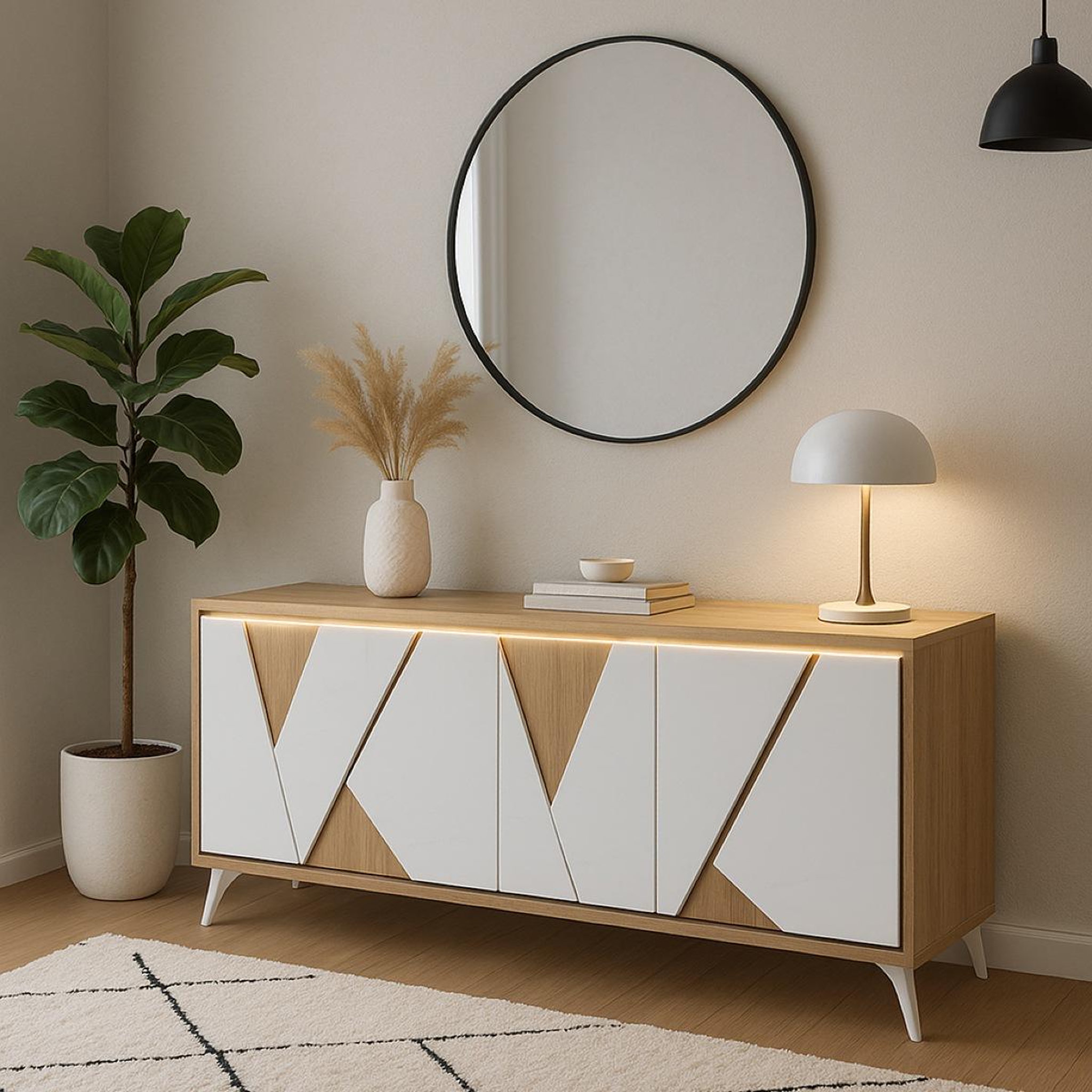 Voir la diapositive 2 : JLC KREATION Buffet bahut moderne 225cm coloris chêne et blanc ostende