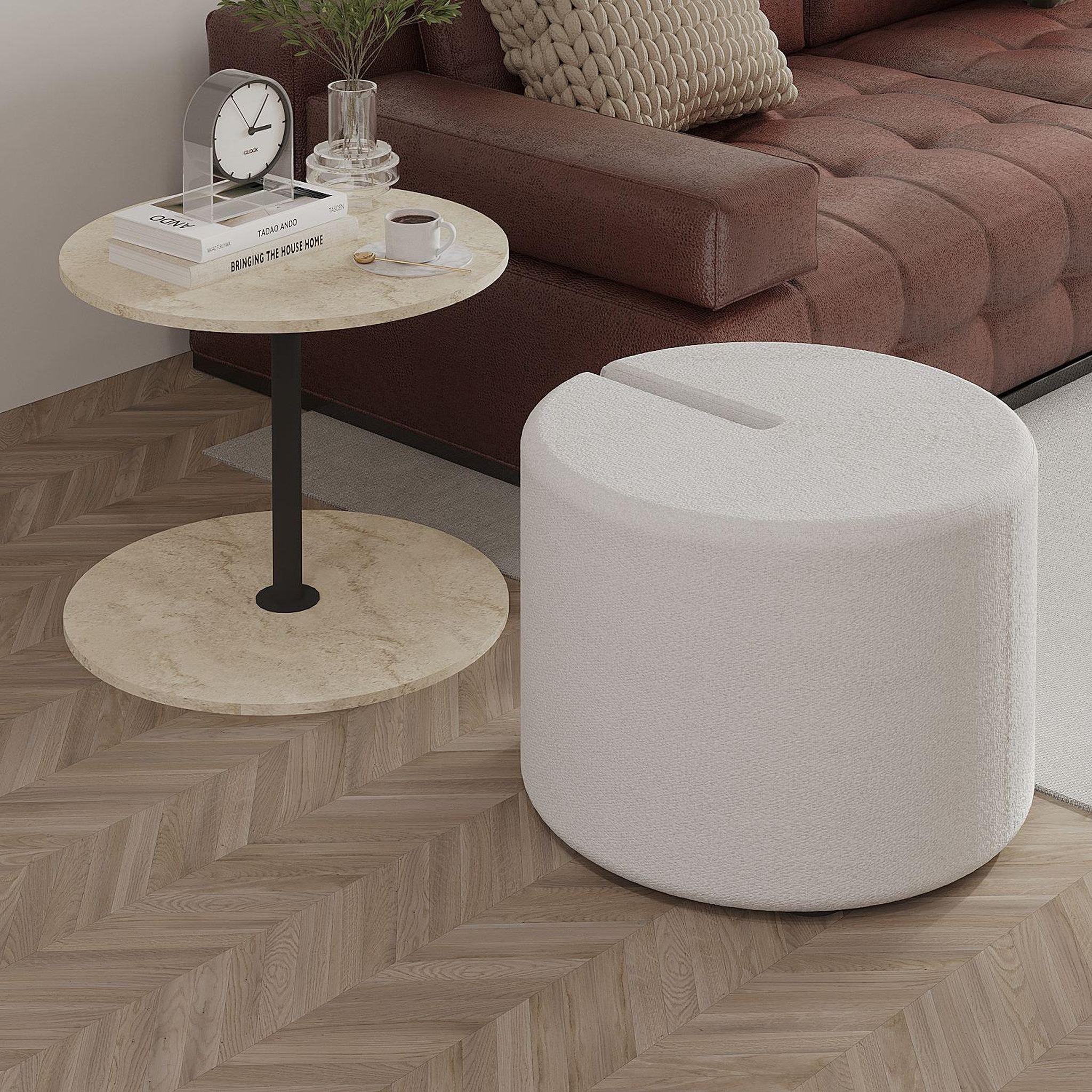 Voir la diapositive 4 : Habitat et Jardin Table d'appoint avec pouf en bois  vexana  - 43 x 43 x 47 cm - travertin