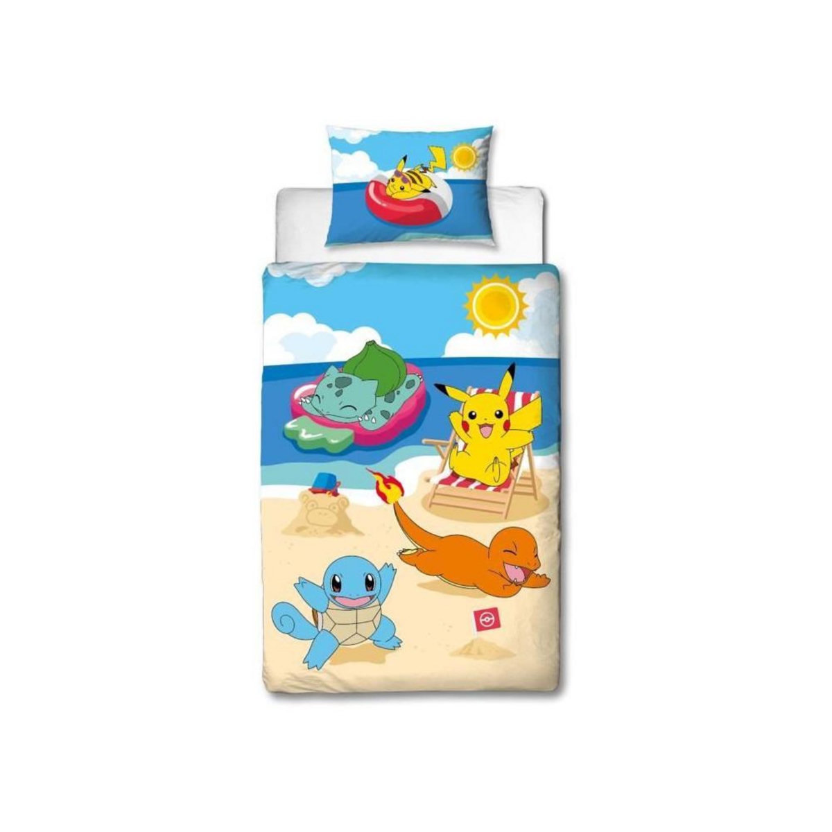Pokemon Parure de lit - POKEMON - Pikachu a la plage - Microfibre - 1 housse de couette 140 x 200 cm + 1 taie 63 x 63 cm