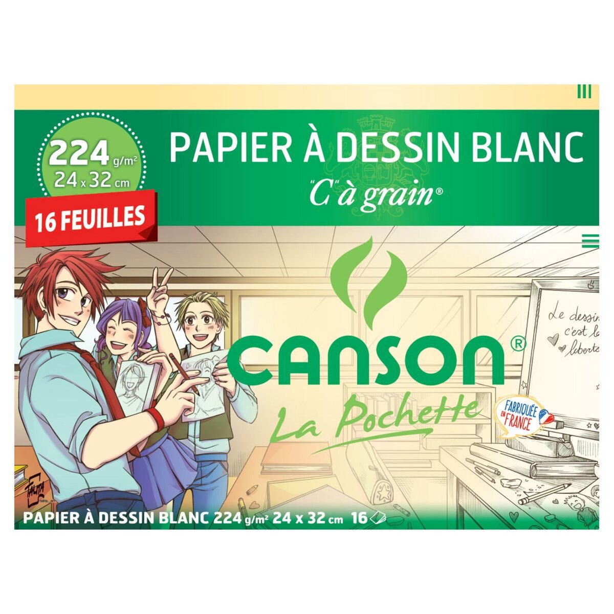 CANSON Pochette papier à dessin blanc 16 feuilles 24x32cm à grain 224g/m2