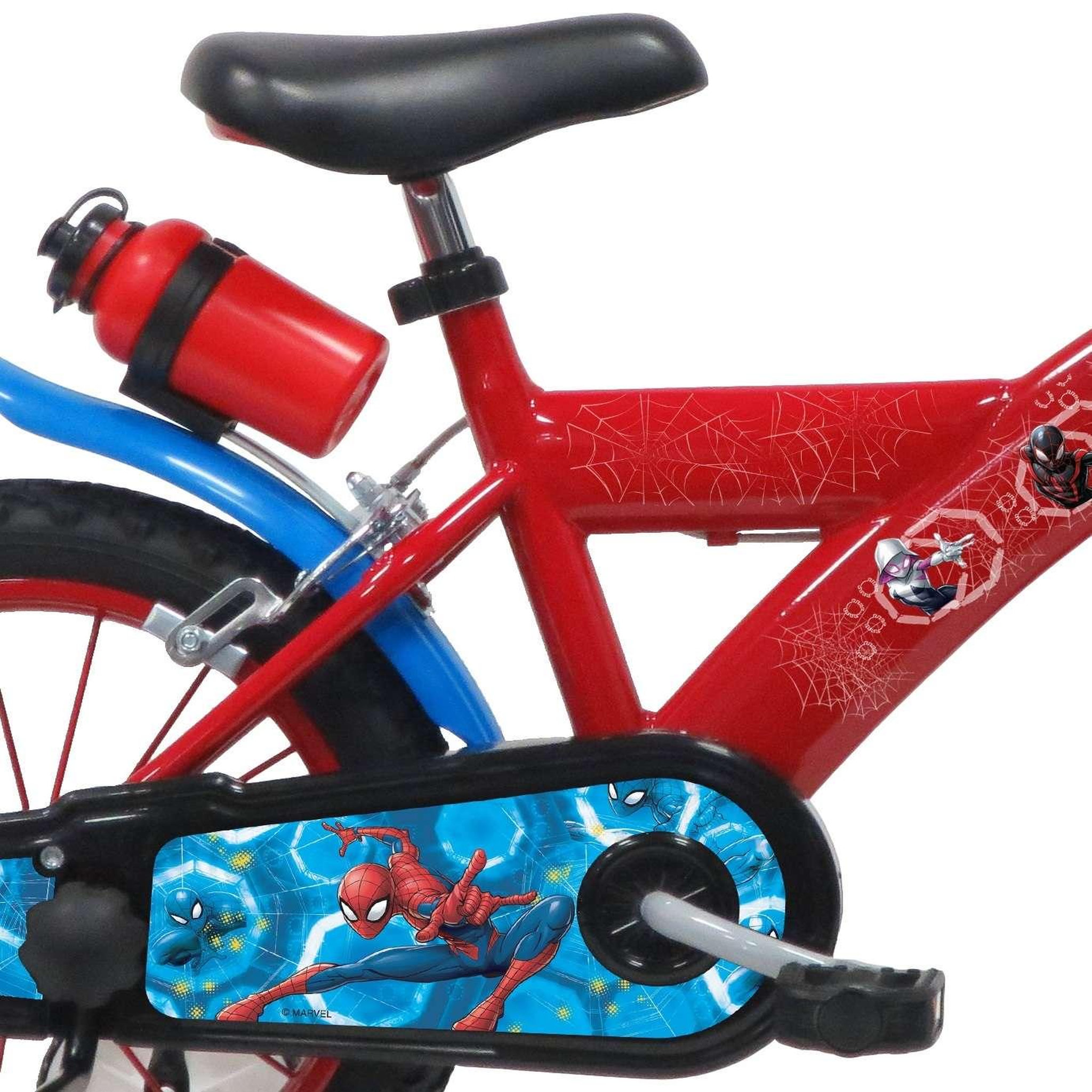 Voir la diapositive 3 : Marvel Vélo enfant - Modèle 14'' Spiderman pour enfant de 95/110 cm avec stabilisateurs - Plaque décorative avant - Porte bidon - 2 freins et pneus gonflables