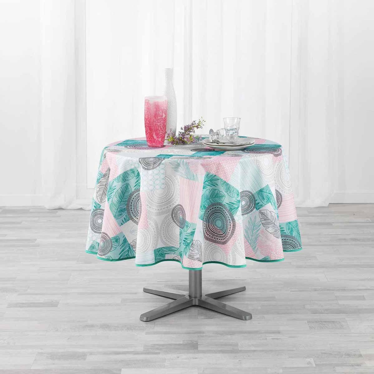 Paris Prix Nappe Antitache Ronde  Peachy  180cm Bleu & Rose
