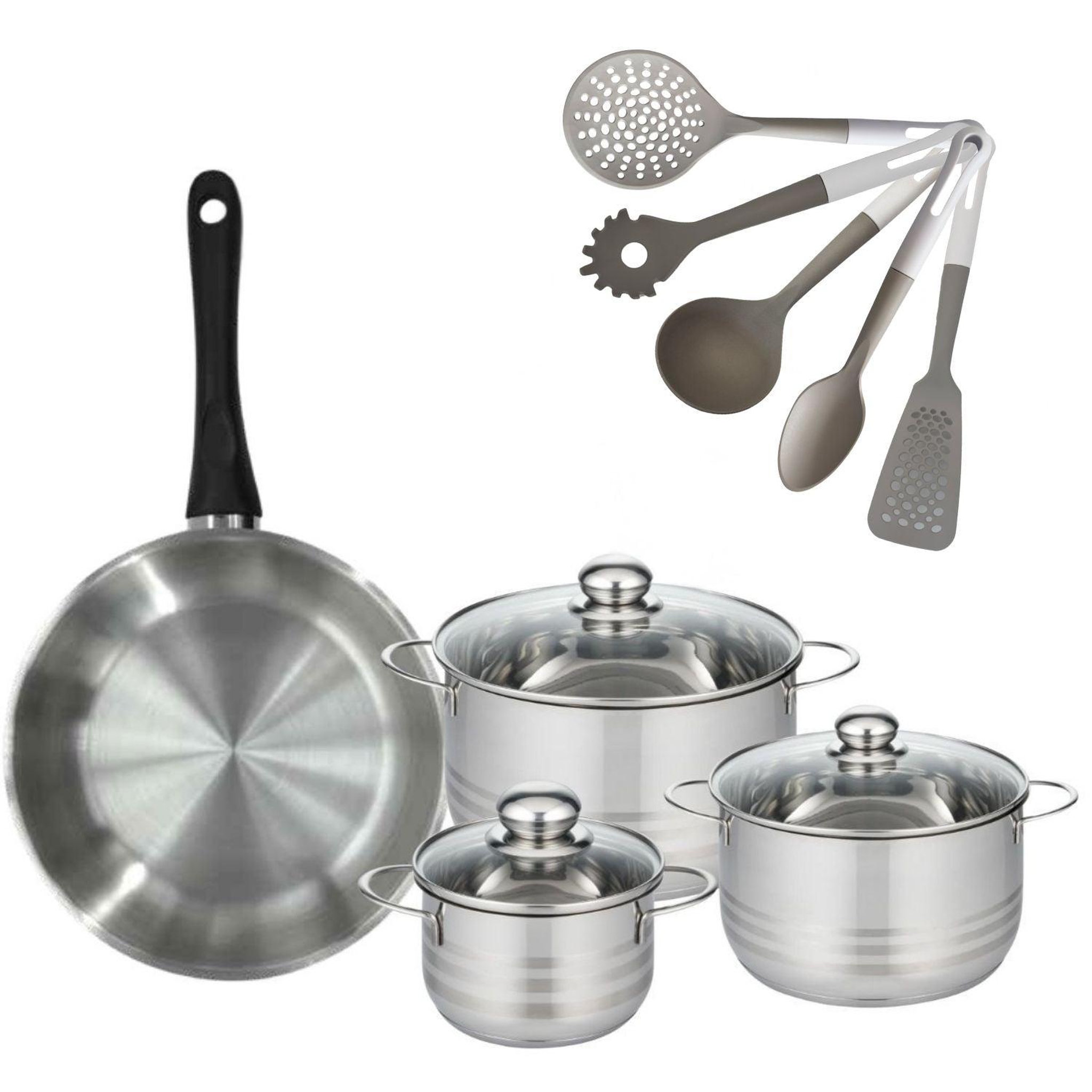 Fackelmann Batterie de cuisine avec 3 faitouts 16/20/24 cm et 1 poêle 28 cm avec 5 ustensiles de cuisine fackelmann généva brillant vario