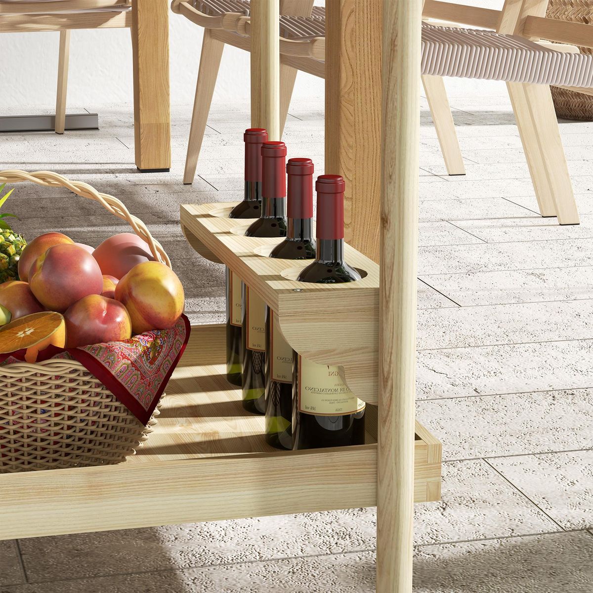 OUTSUNNY Desserte de jardin chariot pour plancha barbecue en bois avec poignée 2 plateaux et porte-bouteilles