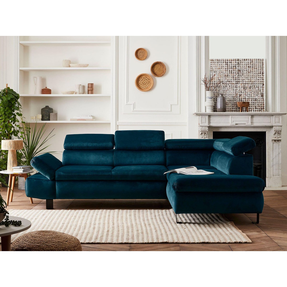 LISA DESIGN Nairobi - canapé d'angle convertible - en velours - 5 places - avec têtières - droit