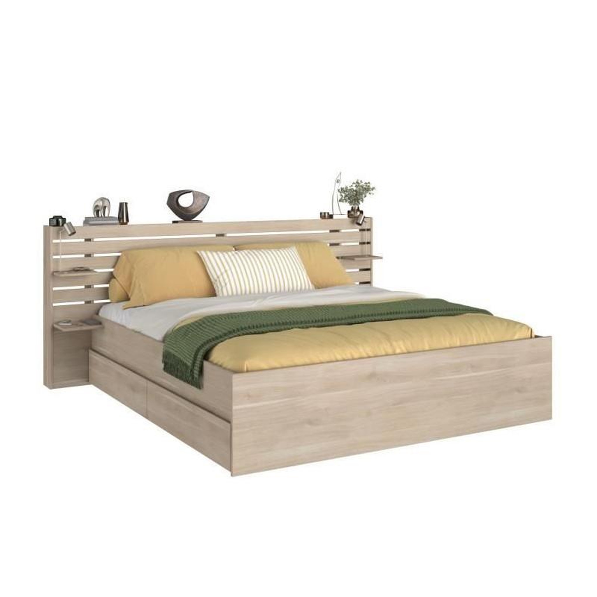 Voir la diapositive 1 : PARISOT Lit adulte ESCALE 180x200 cm - Décor chene du Japon - 2 tiroirs + Tete de lit - L235.4 x H98,2 x P216,8 cm - Fabriqué en Franc