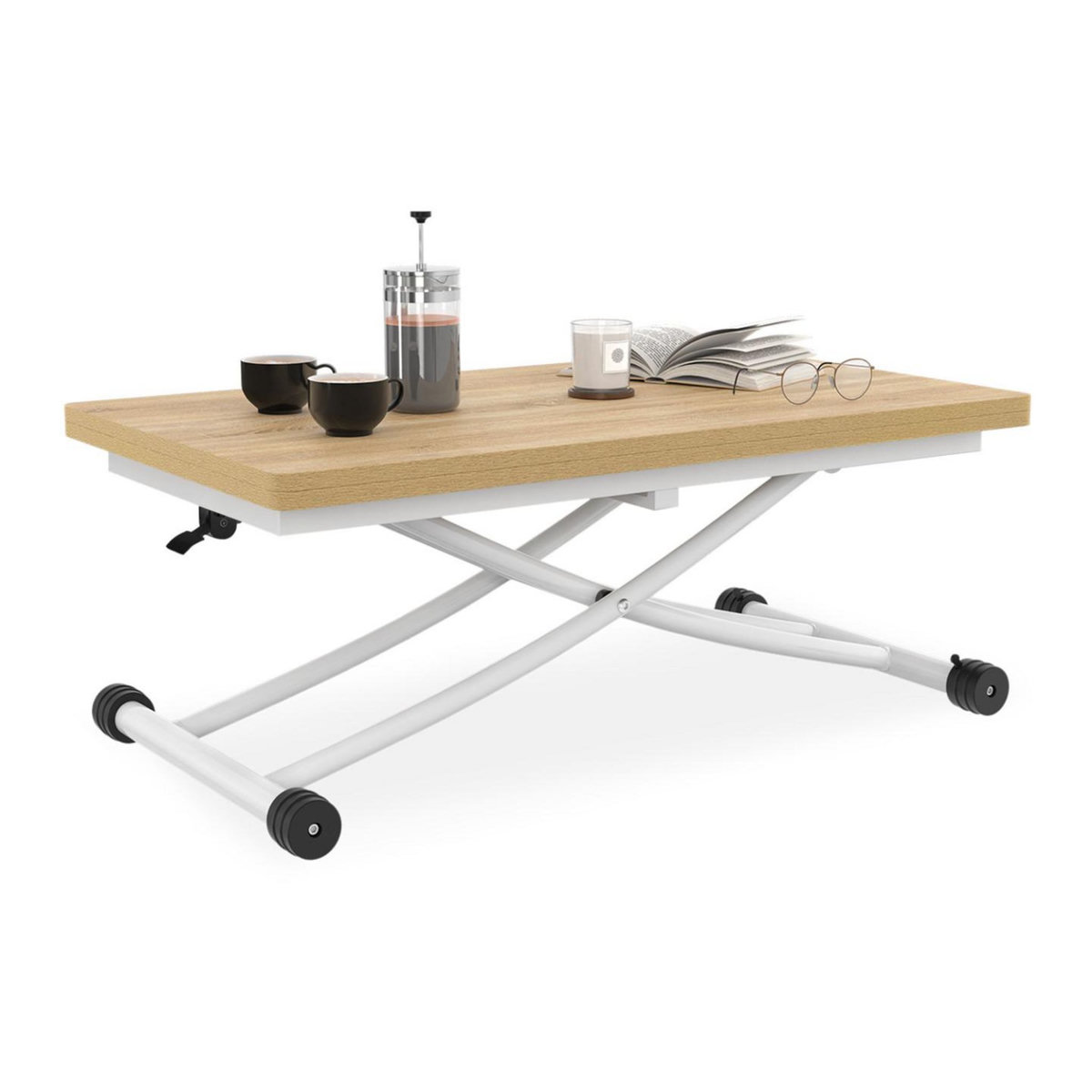ID MARKET Table basse extensible relevable en table à manger rectangulaire URBANA plateau façon hêtre pied blanc