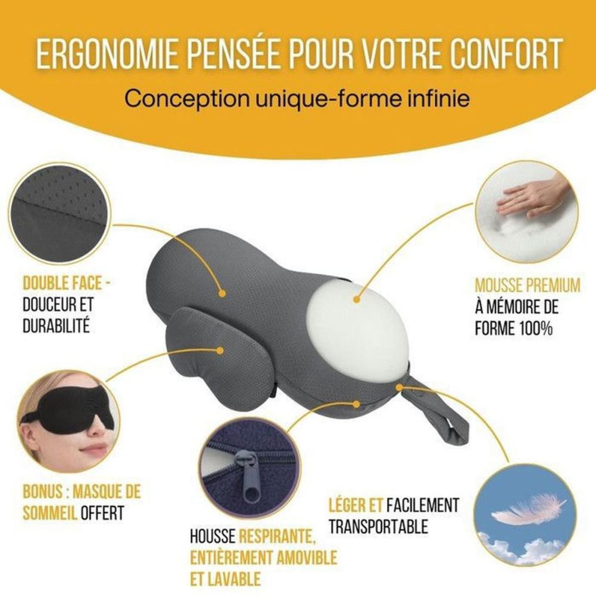 Voir la diapositive 2 : Coussin de cou de voyage en mousse à mémoire de forme gris foncé avec masque de sommeil, housse double face extensible amovible 33 x 13 cm