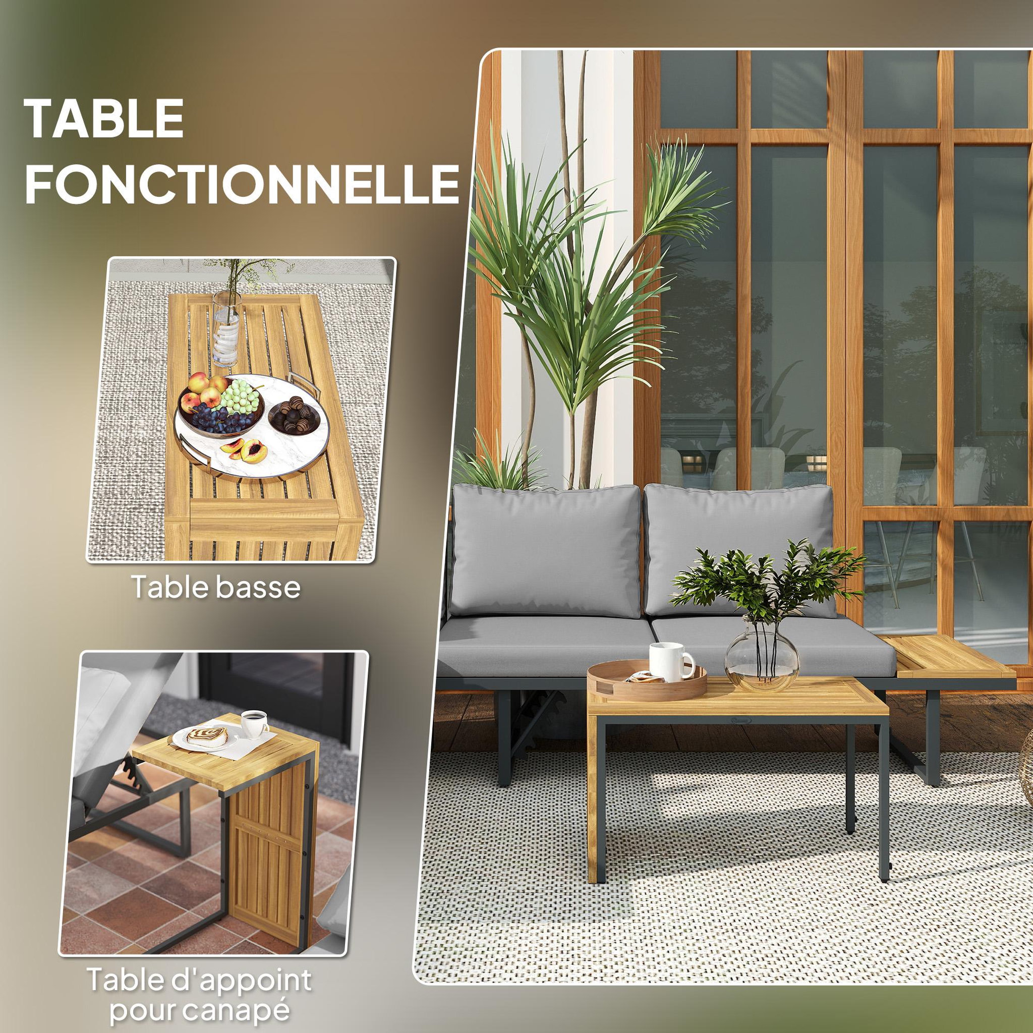 Voir la diapositive 6 : OUTSUNNY Ensemble salon de jardin 4 places modulable réglable avec table basse acier gris bois d'acacia verni