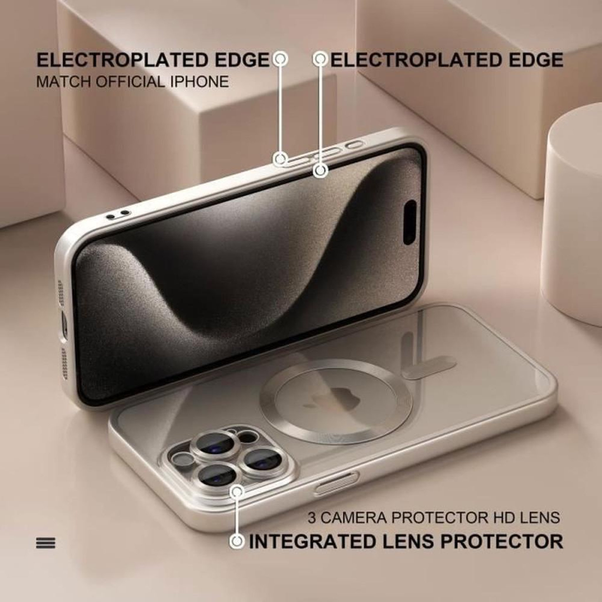 Voir la diapositive 3 : Etui magnétique TPU transparent gris avec protection intégrale des objectifs photo pour iPhone 15 Pro Max