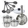 Voir la diapositive 1 : Fackelmann Lot Faitouts 16/20/24 cm et Poêle 28 cm avec couvercle en inox sans PFAS Fackelmann Etherna avec 5 ustensiles