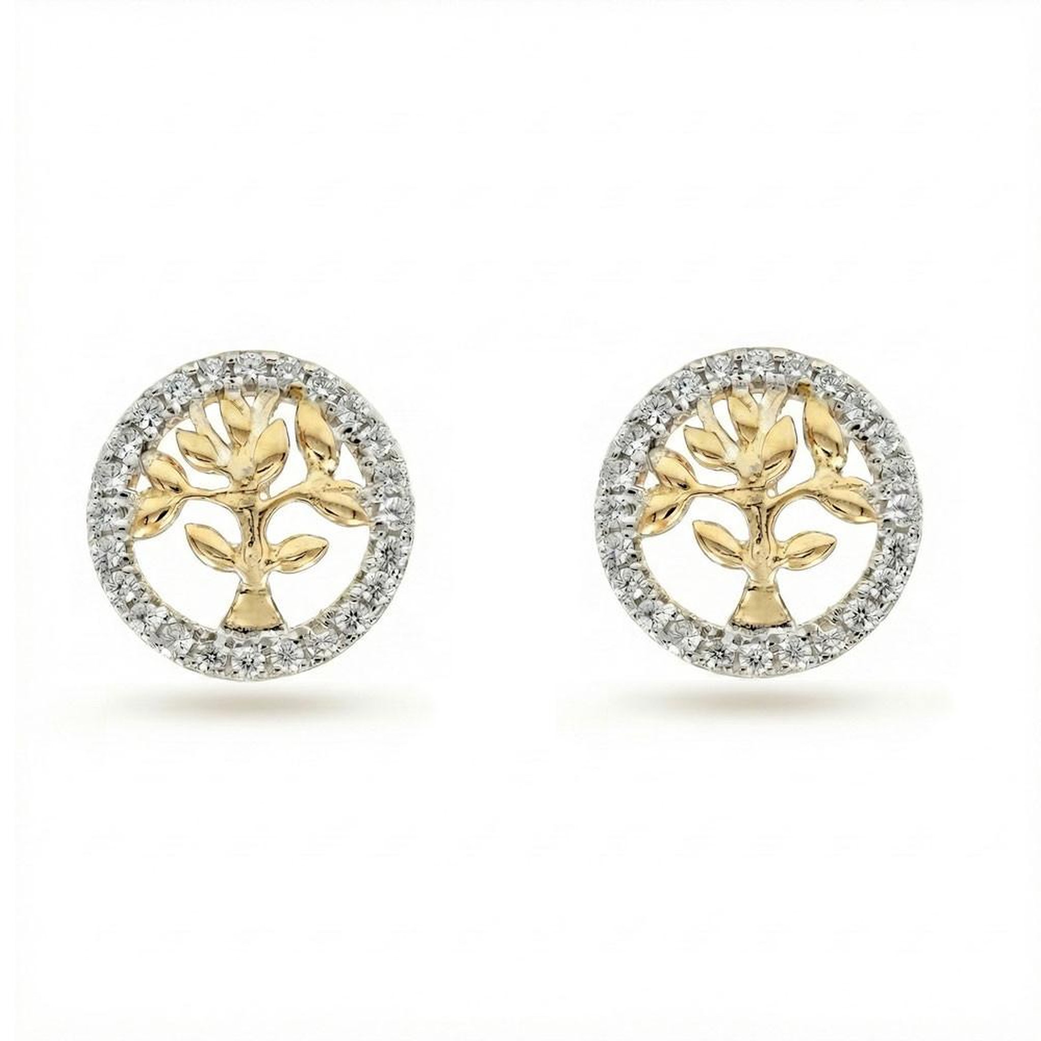 L'ATELIER D'AZUR Boucles d'Oreilles Or Jaune et Zirconiums - Puces Motif Arbre de Vie