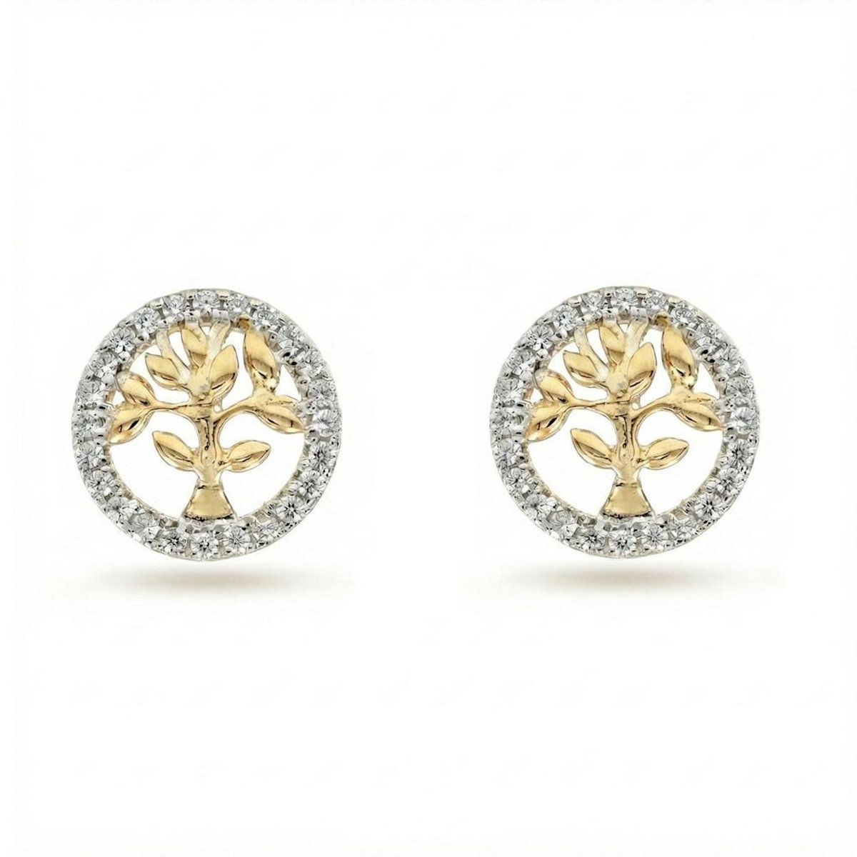 L'ATELIER D'AZUR Boucles d'Oreilles Or Jaune et Zirconiums - Puces Motif Arbre de Vie