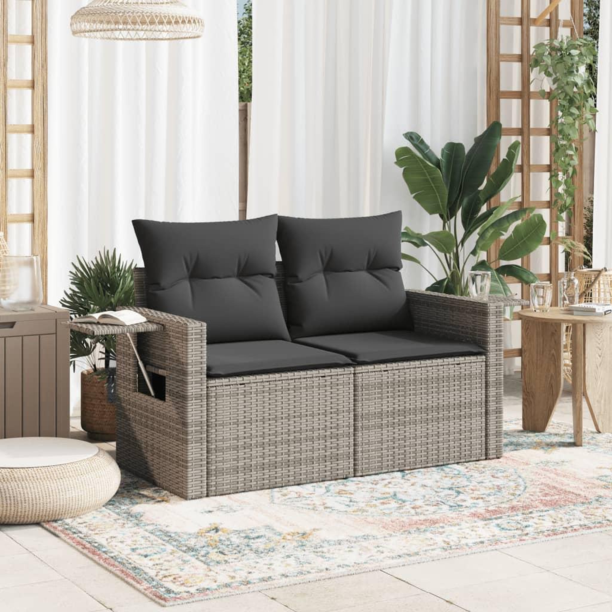 Voir la diapositive 3 : VIDAXL Canape de jardin 2 places avec coussins gris resine tressee