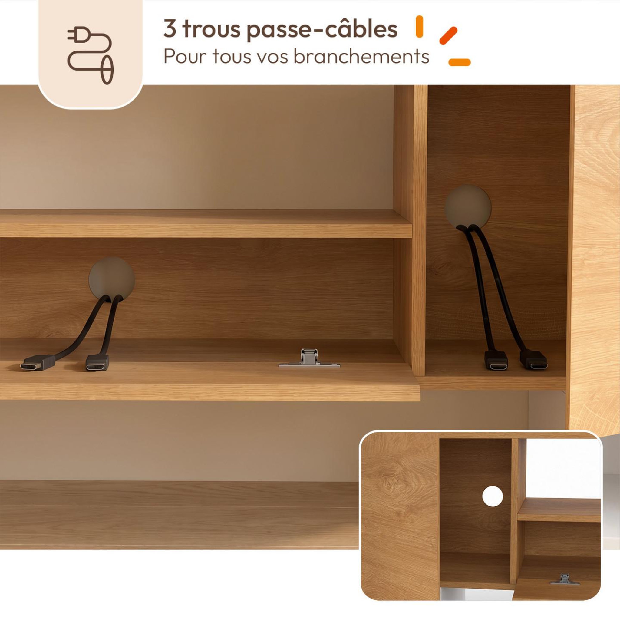 Voir la diapositive 6 : ID MARKET Meuble TV XXL 180 cm MARIO 4 portes et 1 tiroir bois et blanc