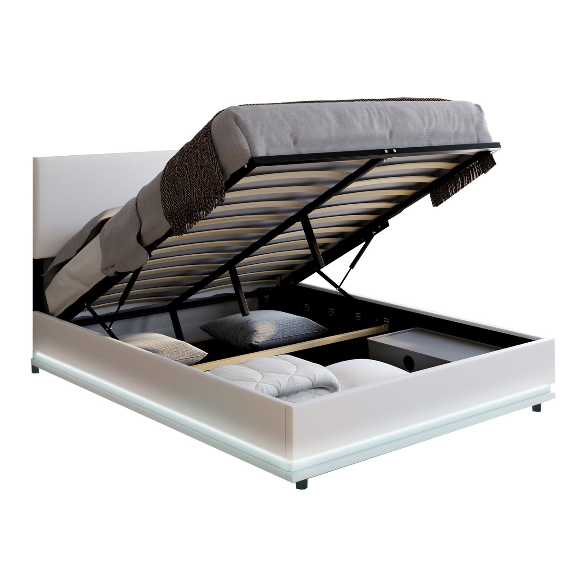 ID MARKET Lit coffre double owen avec led intégrées + tête de lit et sommier 140 x 190 cm pvc blanc