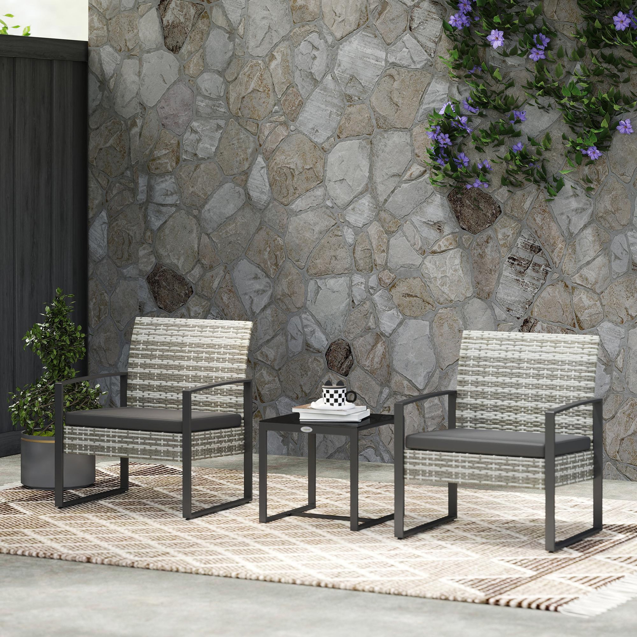 Voir la diapositive 2 : OUTSUNNY Salon de jardin 2 places 3 pièces 2 chaises avec coussins + table basse plateau verre trempé résine tressée aspect rotin gris
