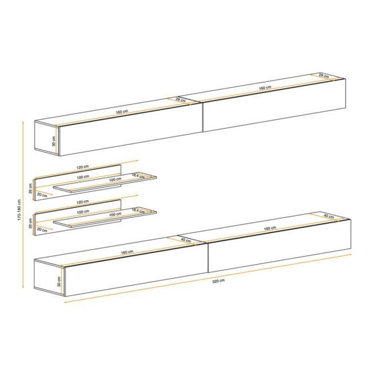 Paris Prix Meuble TV Mural Design  Fly VI  320cm Blanc & Noir