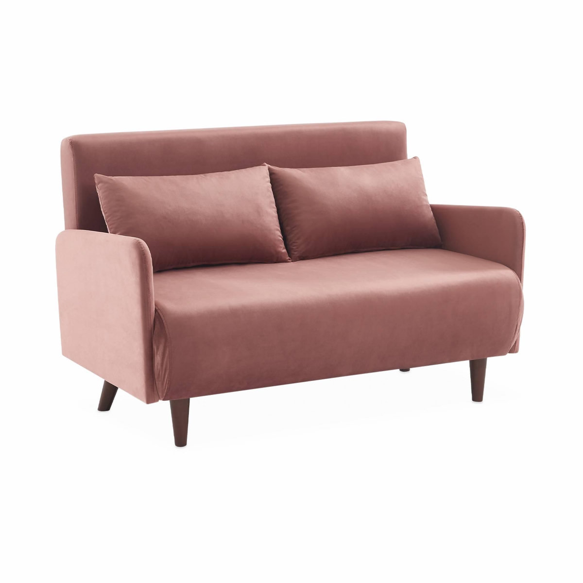 SWEEEK Canapé convertible en velours - Panam - 2 places scandinave. pieds bois foncé. vieux rose. banquette. dossier inclinable