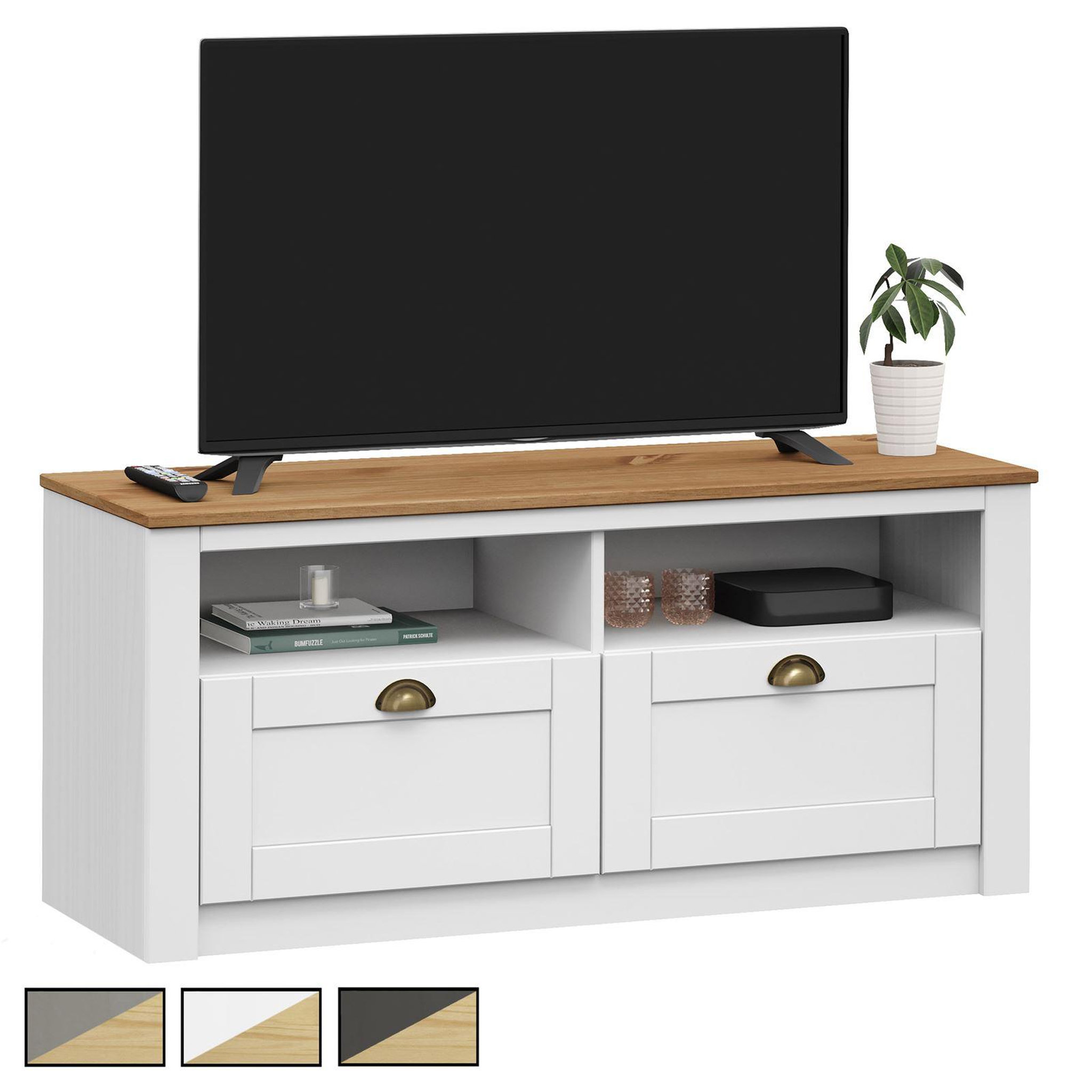 IDIMEX Meuble tv bolton 2 tiroirs et 2 niches, en pin massif. Coloris disponibles : Bicolore