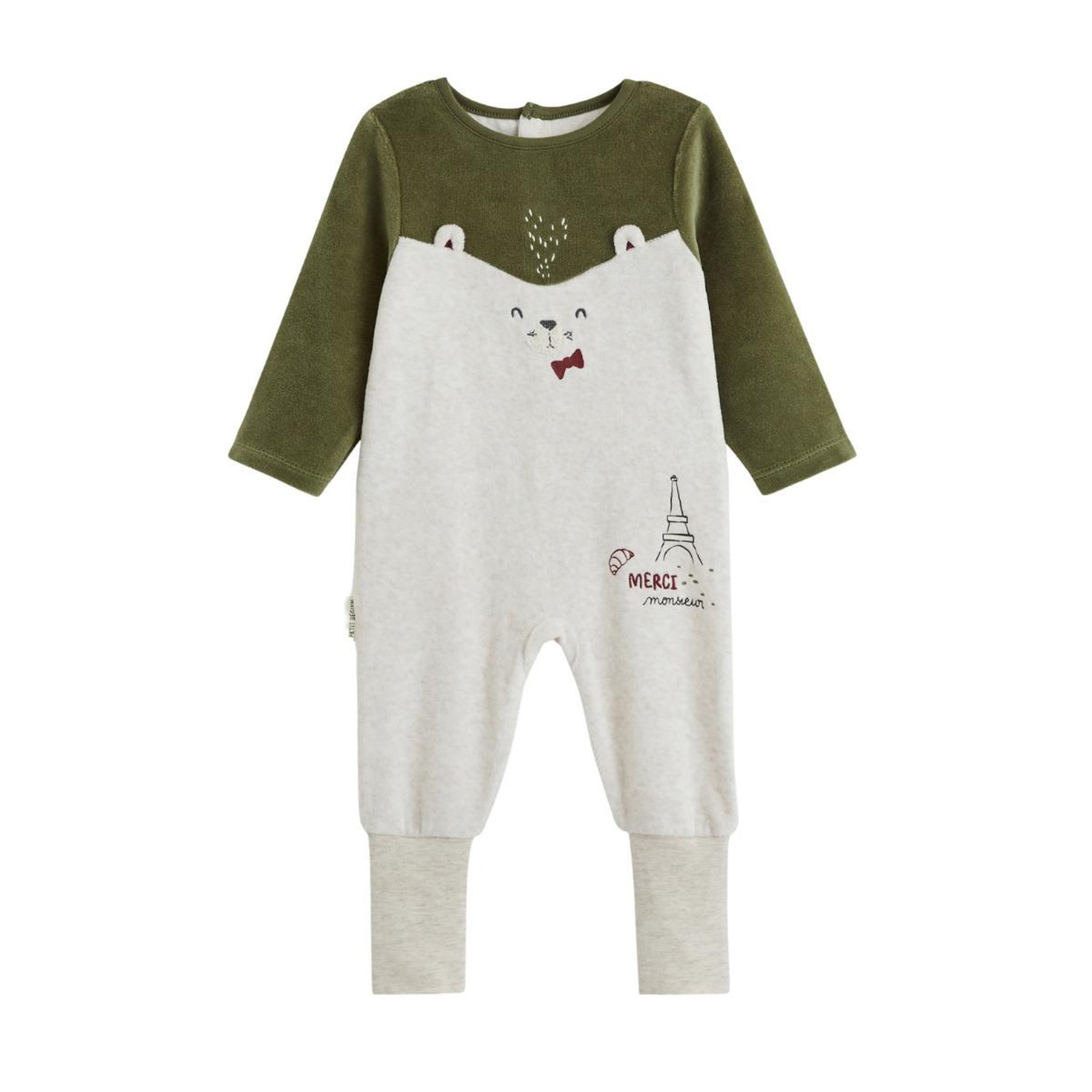 PETIT BEGUIN Pyjama bébé avec pieds retroussables en velours pistache. Coloris disponibles : Beige
