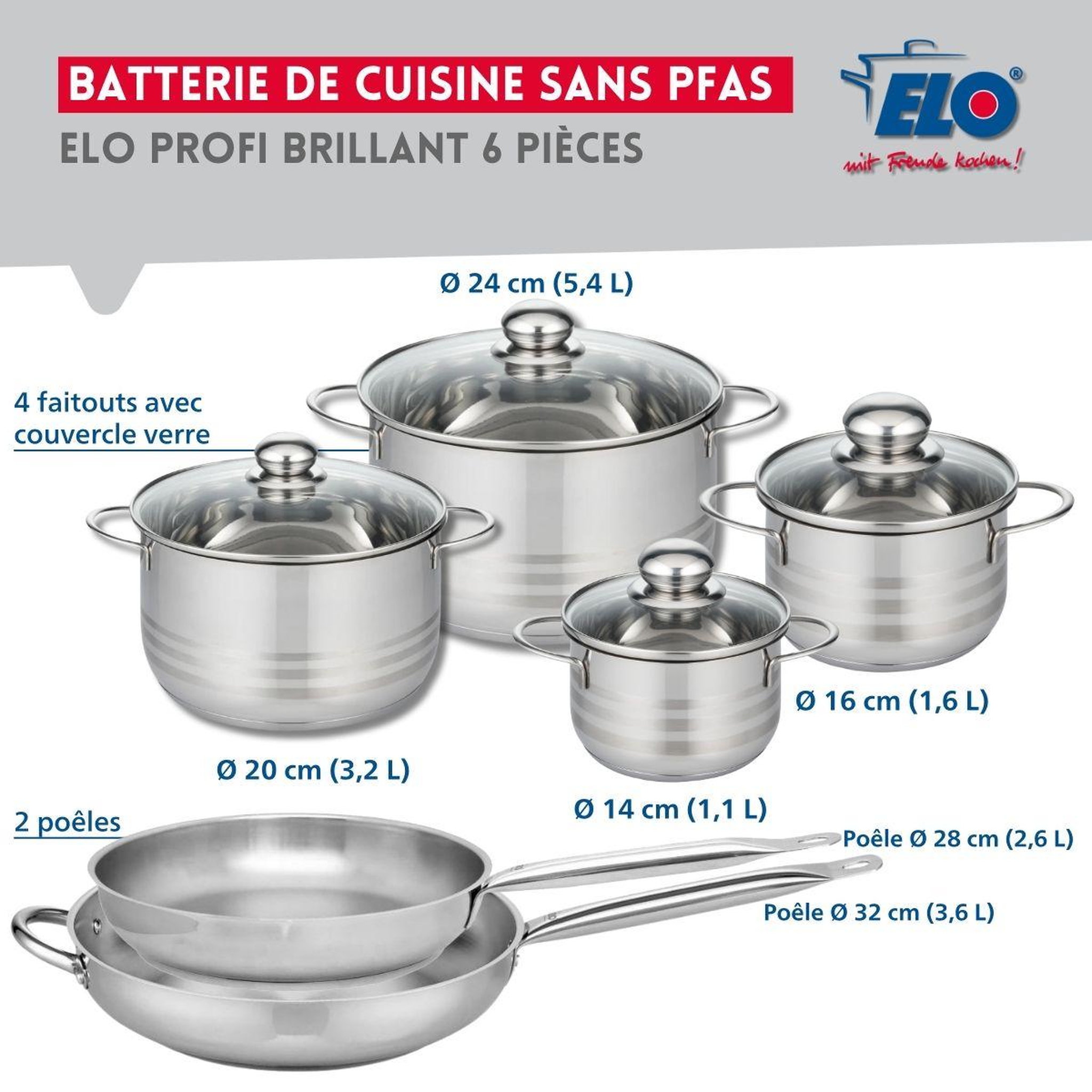 Voir la diapositive 2 : ELO Ensemble de 2 Poêles de cuisson 28 et 32 cm et 4 faitouts 14, 16, 20 et 24 cm Elo Profi Brillant