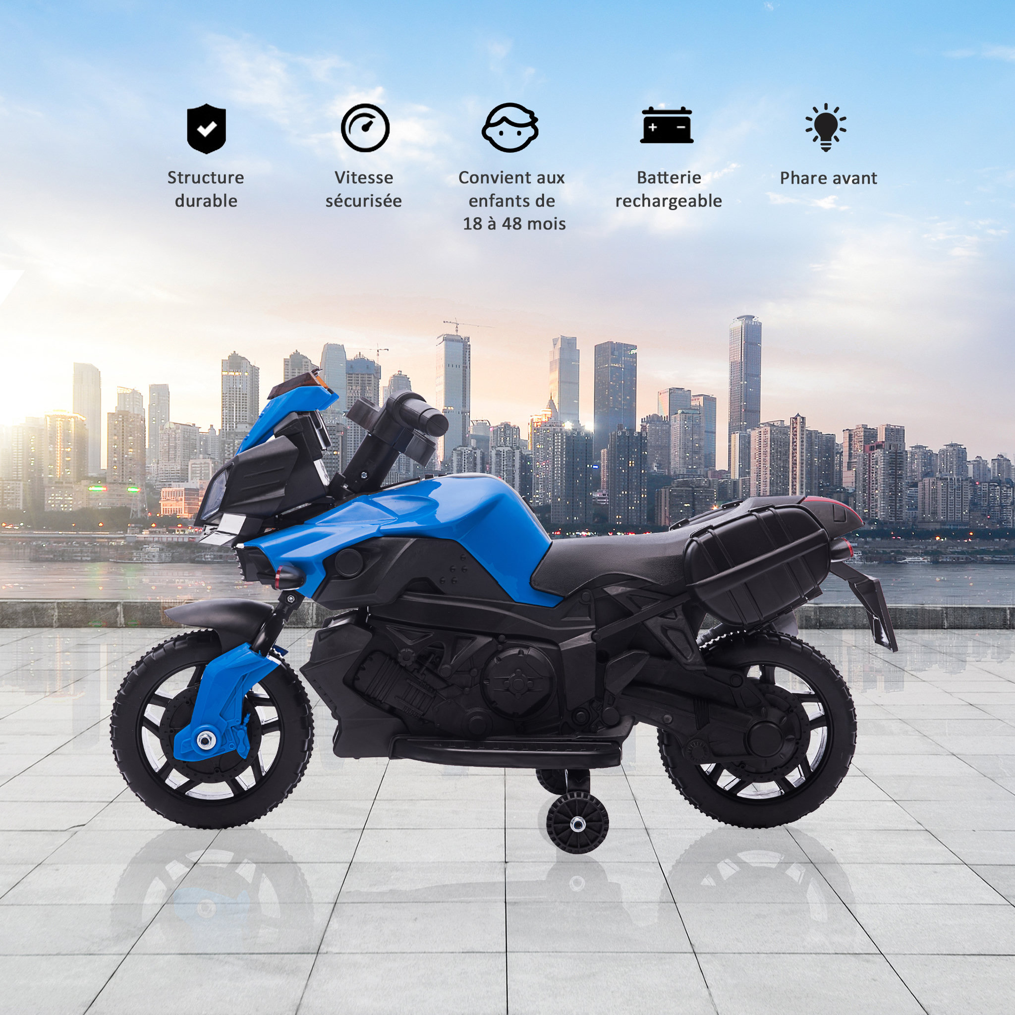 Voir la diapositive 4 : HOMCOM Moto électrique enfant 6 V 3 Km/h effet lumineux et sonore roulettes amovibles repose-pied valises latérales métal PP bleu noir