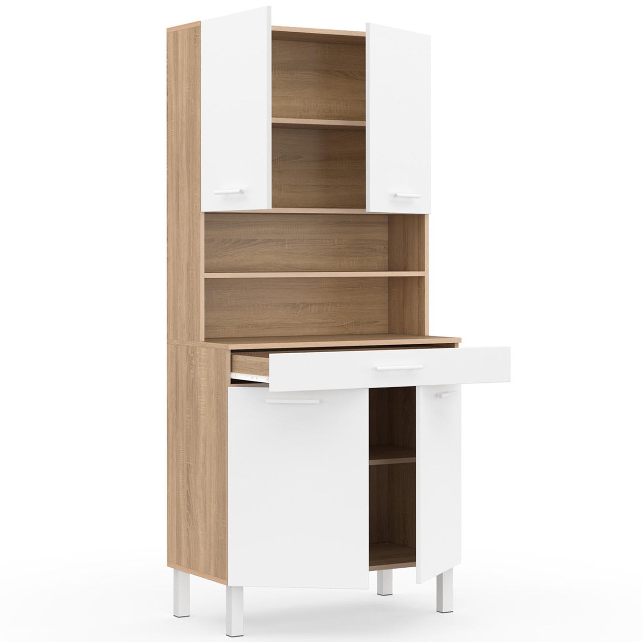 Voir la diapositive 4 : ID MARKET Buffet de cuisine 80 cm cina 4 portes + tiroir façon hêtre et blanc