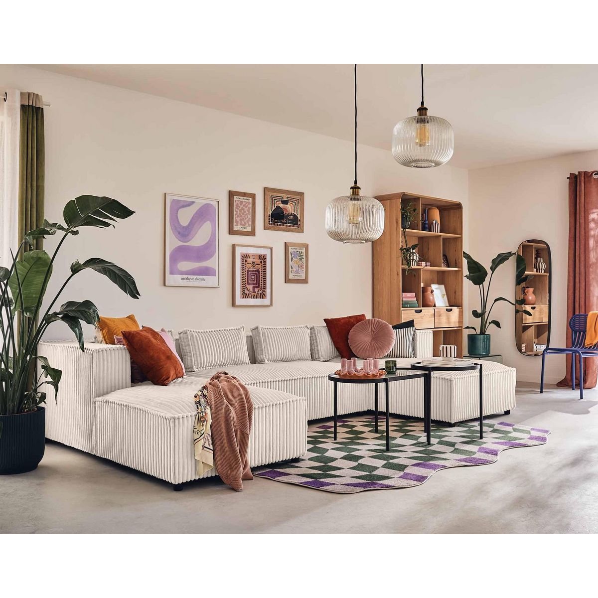 LISA DESIGN Stella - canapé panoramique en u - 7 places - en velours côtelé grosses côtes