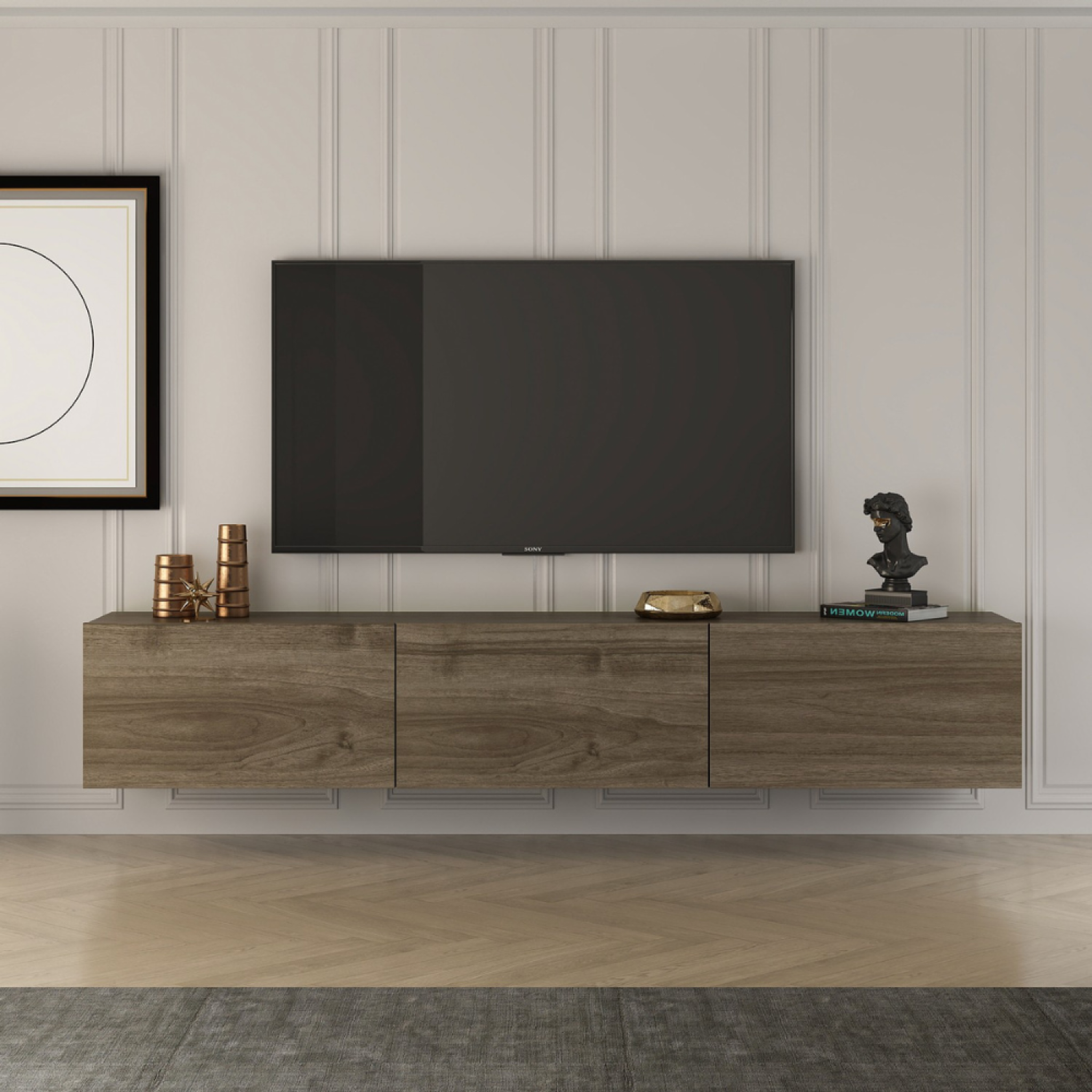 Voir la diapositive 5 : CONCEPT USINE Meuble tv suspendu avec placards 150cm noyer hal