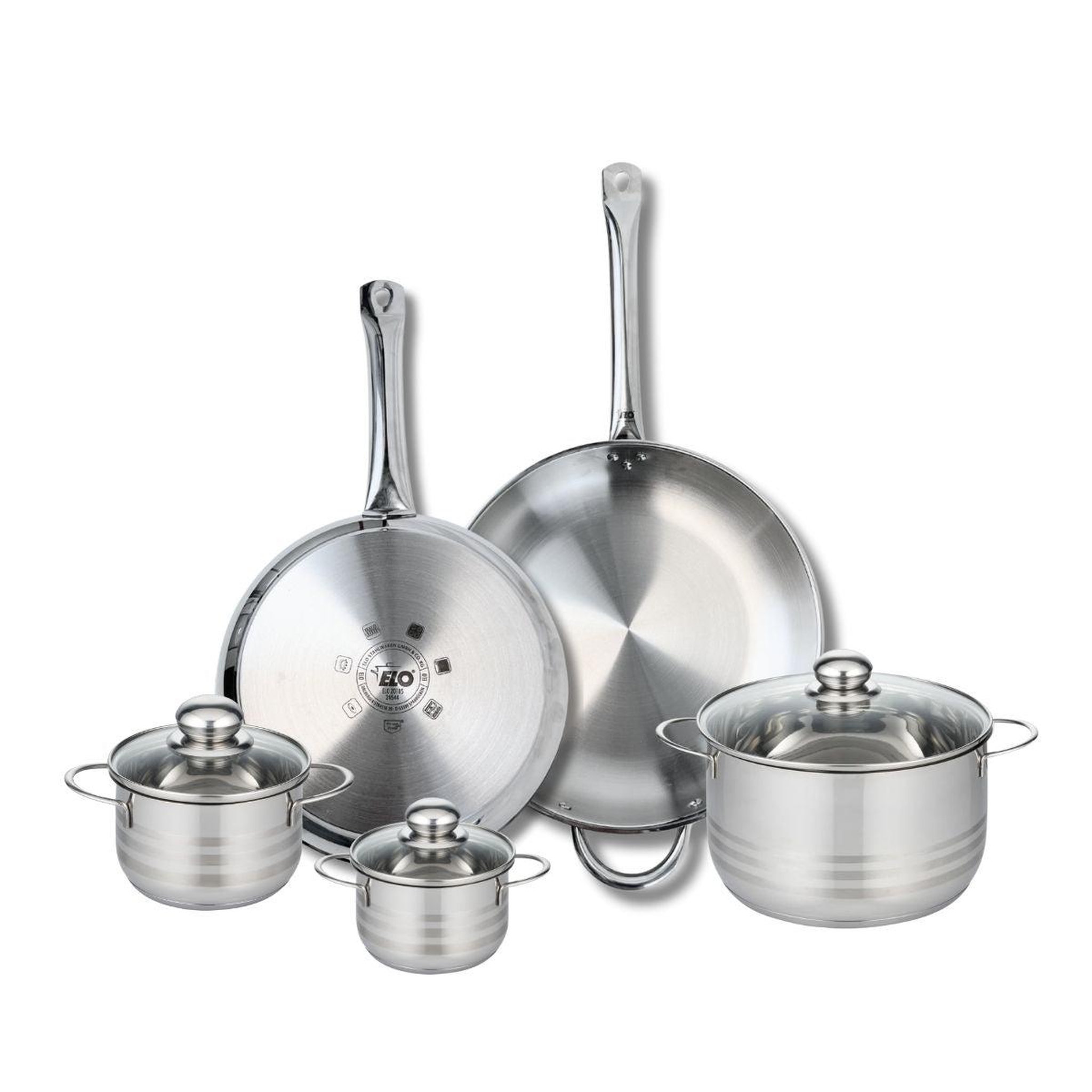 ELO Ensemble de 2 poêles de cuisson 28 et 32 cm et 3 faitouts 12, 14 et 20 cm elo profi brillant