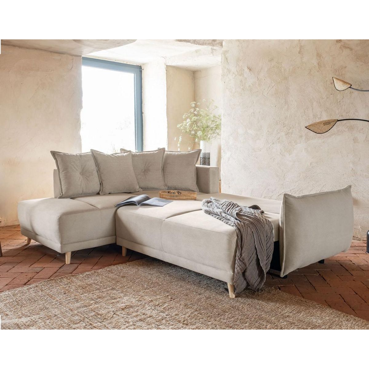 BEST MOBILIER Lena - canapé d'angle gauche 5 places - convertible avec coffre - en velours côtelé