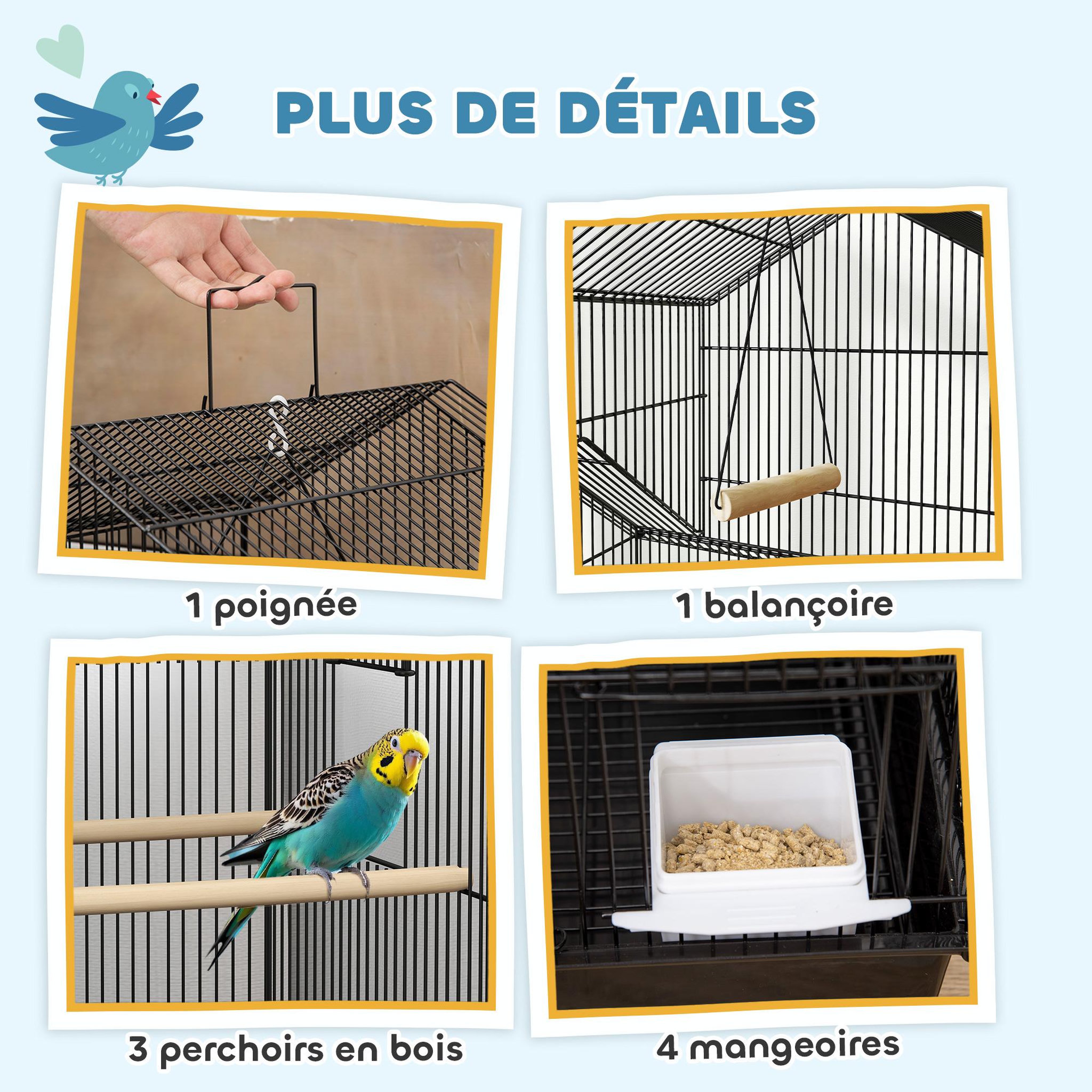 Voir la diapositive 5 : PAWHUT Cage à oiseaux design maison sur roulettes mangeoires perchoirs balançoire grande porte 8 trappes plateau déjection