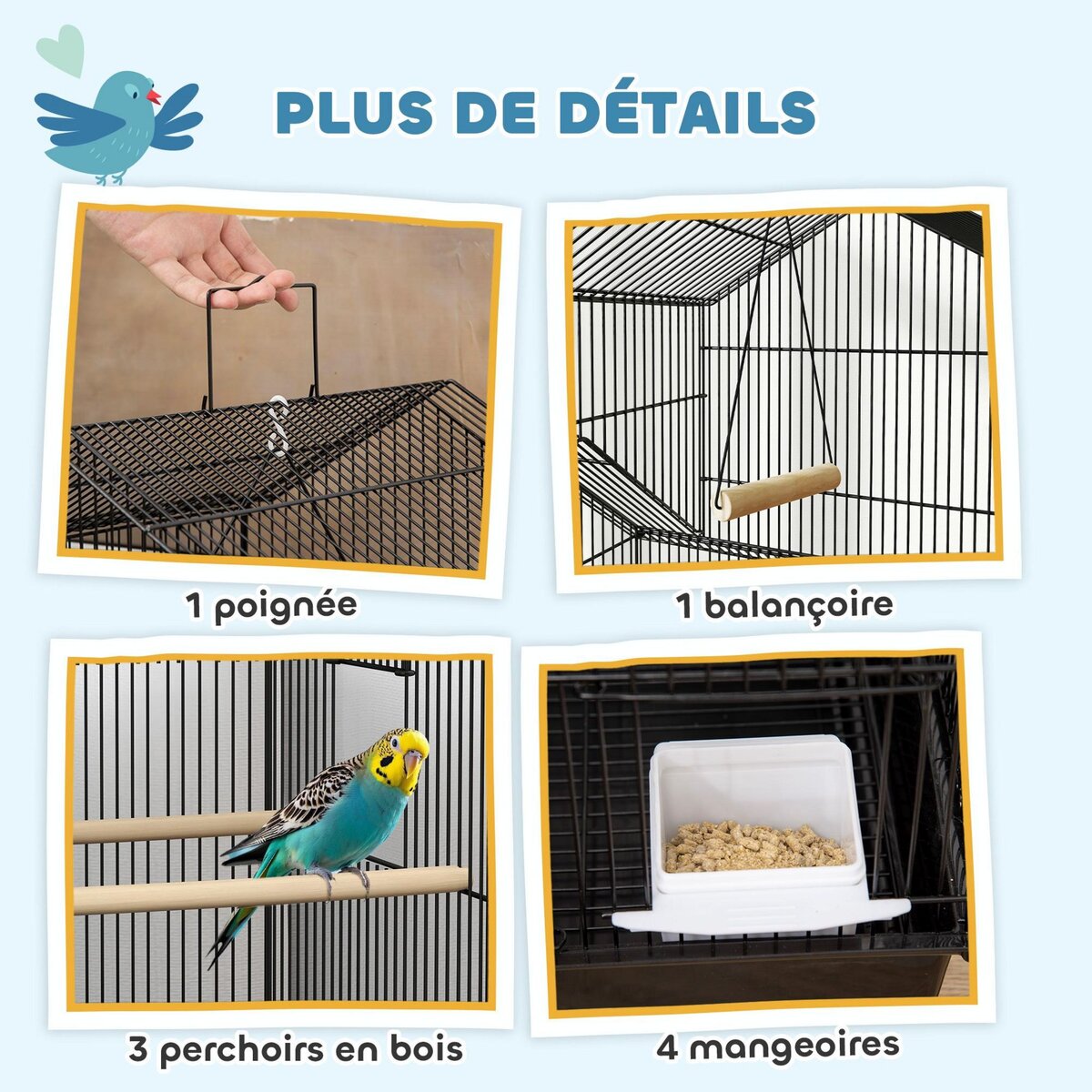 PAWHUT Cage à oiseaux design maison sur roulettes mangeoires perchoirs balançoire grande porte 8 trappes plateau déjection