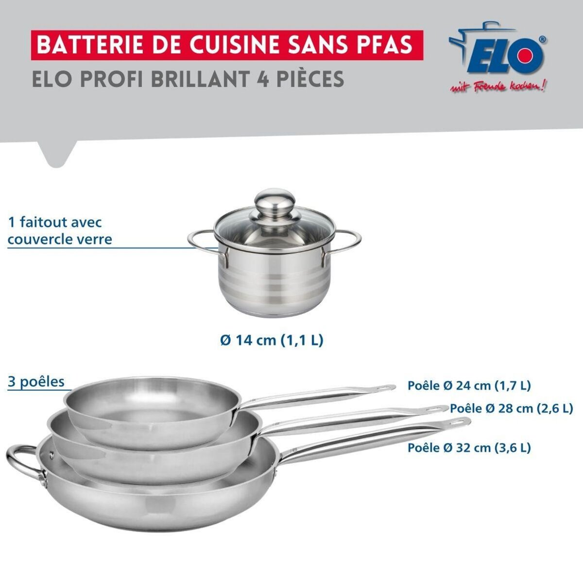 ELO Ensemble de 3 Poêles de cuisson 24, 28 et 32 cm et 1 faitout 14 cm Elo Profi Brillant