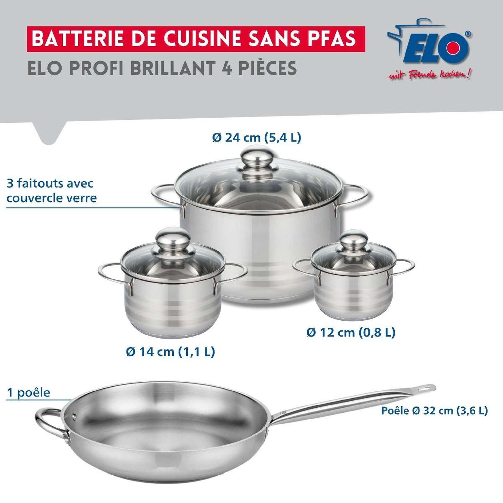 Voir la diapositive 2 : ELO Ensemble de 1 poêle de cuisson 32 cm et 3 faitouts 12, 14 et 24 cm elo profi brillant