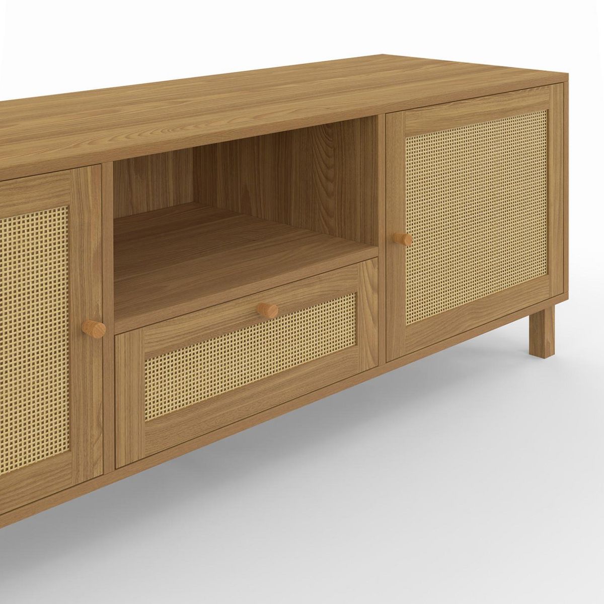 ID MARKET Meuble TV 140 cm vintage HANAE 3 portes effet naturel cannage