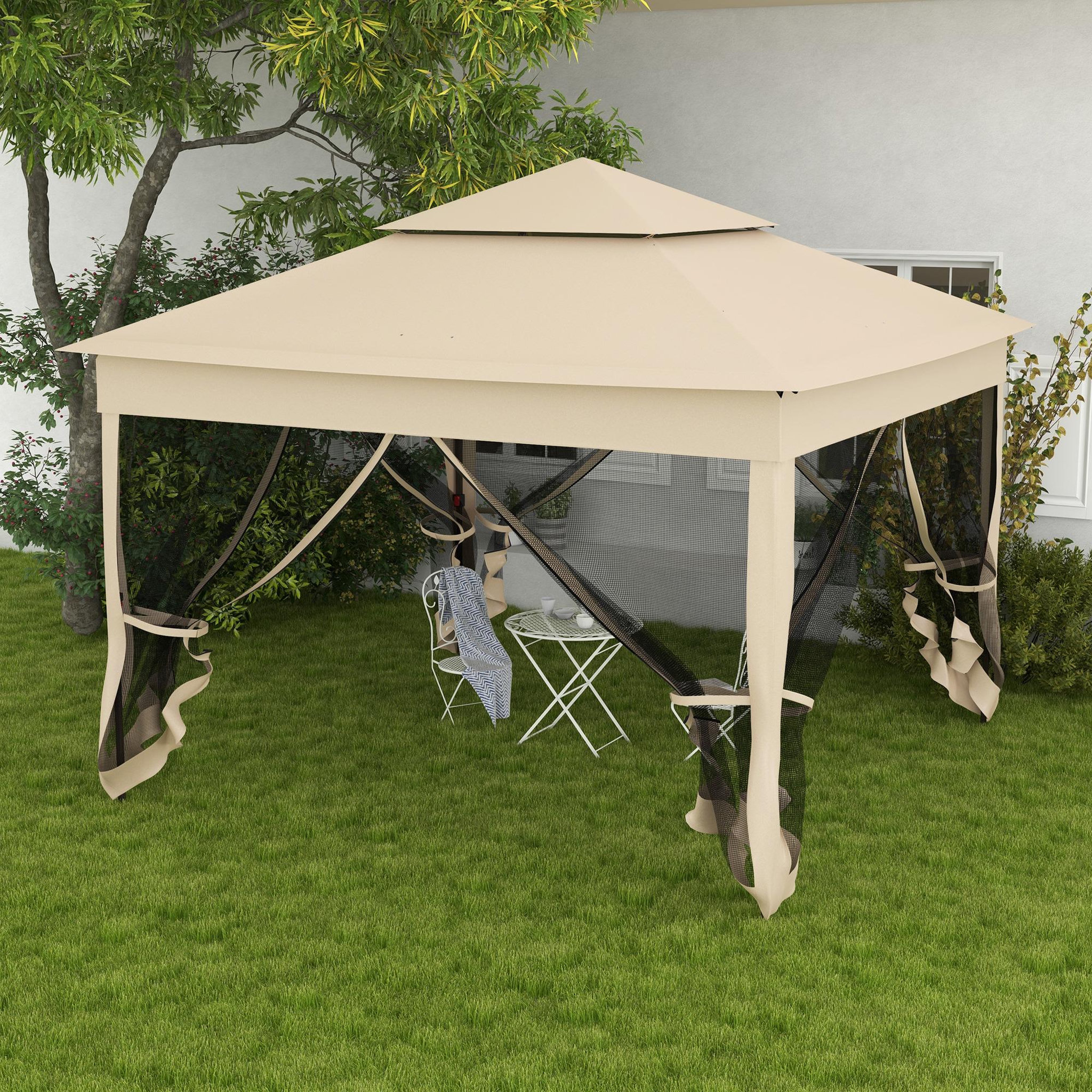 Voir la diapositive 4 : OUTSUNNY Tonnelle barnum automatique pop-up 3 x 3 m métal polyester imperméabilisé anti UV moustiquaires sac transport beige