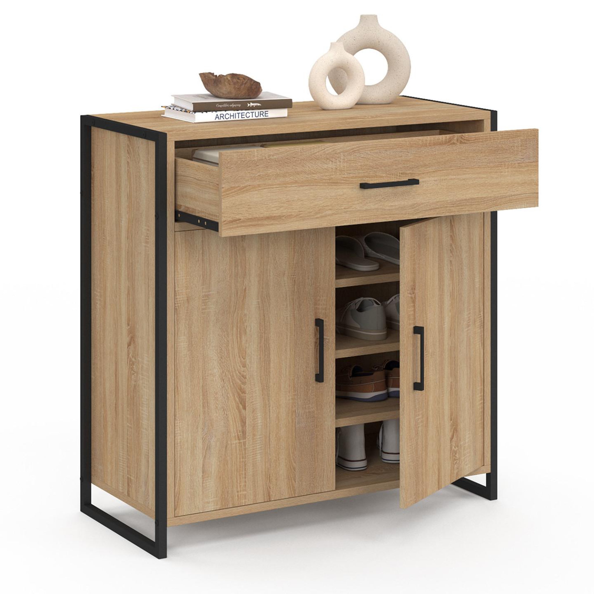 Voir la diapositive 5 : ID MARKET Armoire à chaussures 12 paires luis 2 portes avec tiroir design industriel
