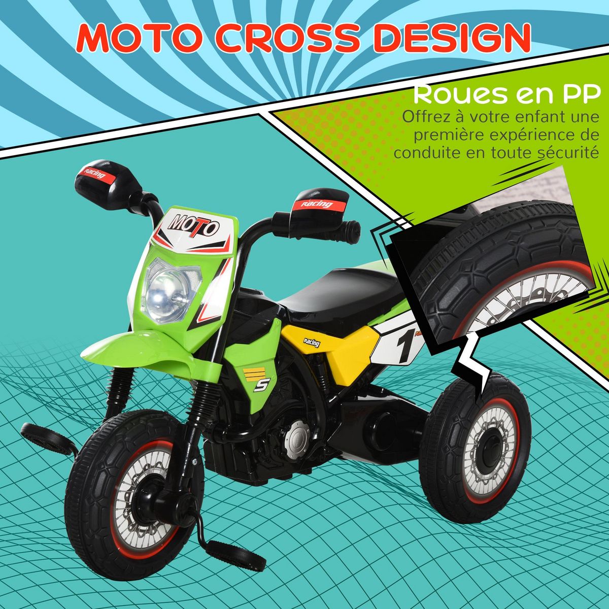HOMCOM Tricycle enfants moto cross effets musicaux et lumineux coffre rangement