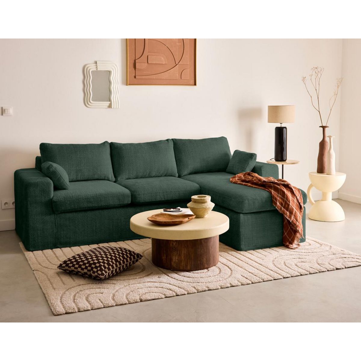 LISA DESIGN Calgary - canapé d'angle déhoussable et modulable 3 places + 1 pouf en velours texturé