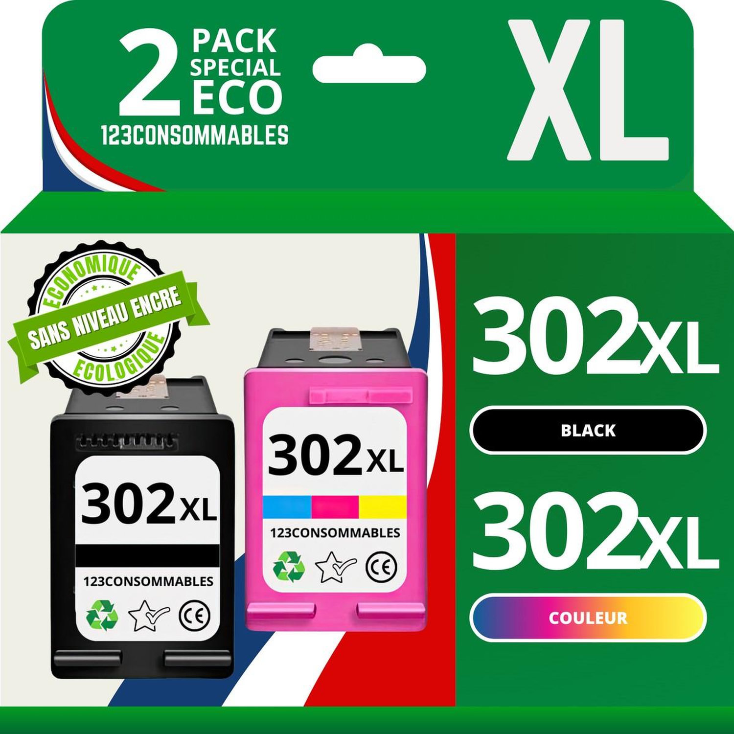 123CONSOMMABLES 302XL Pack de 2 cartouches d'encre Compatible avec HP 302 et Couleur sans Niveau Grande Capacité pour DeskJet 3639 3630 3632 Envy 4520 4525 4527 OfficeJet 3831 3833 3830 Neuf - vue 4