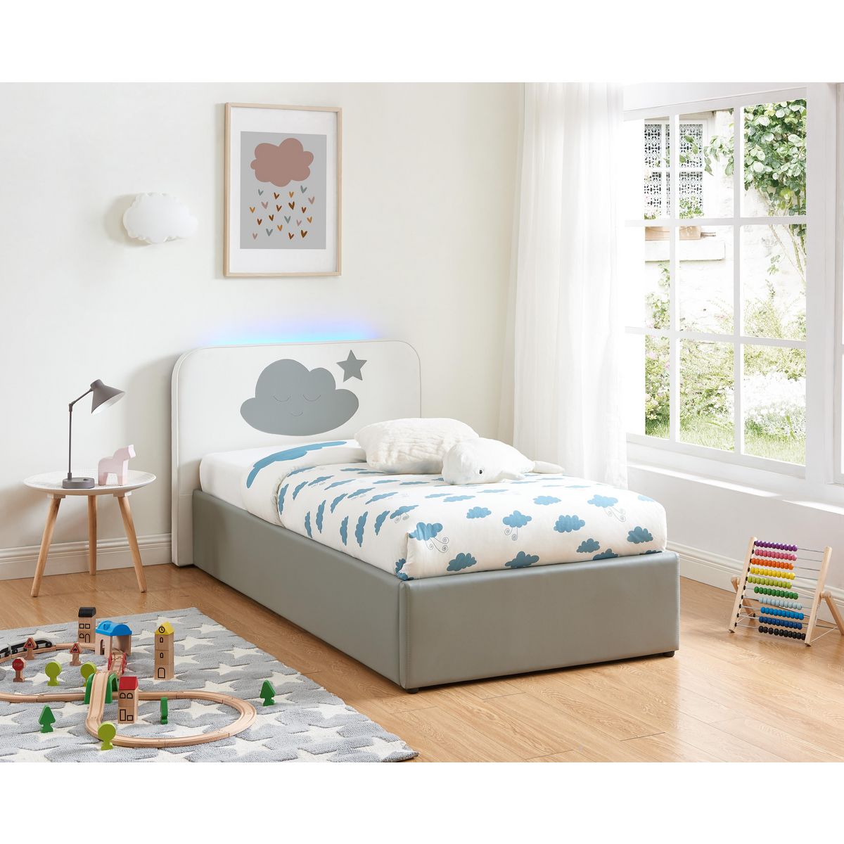 Ensemble Lit coffre à led 90x190cm avec sommier et tête de lit NUAGE + matelas 90x190 cm ANNA
