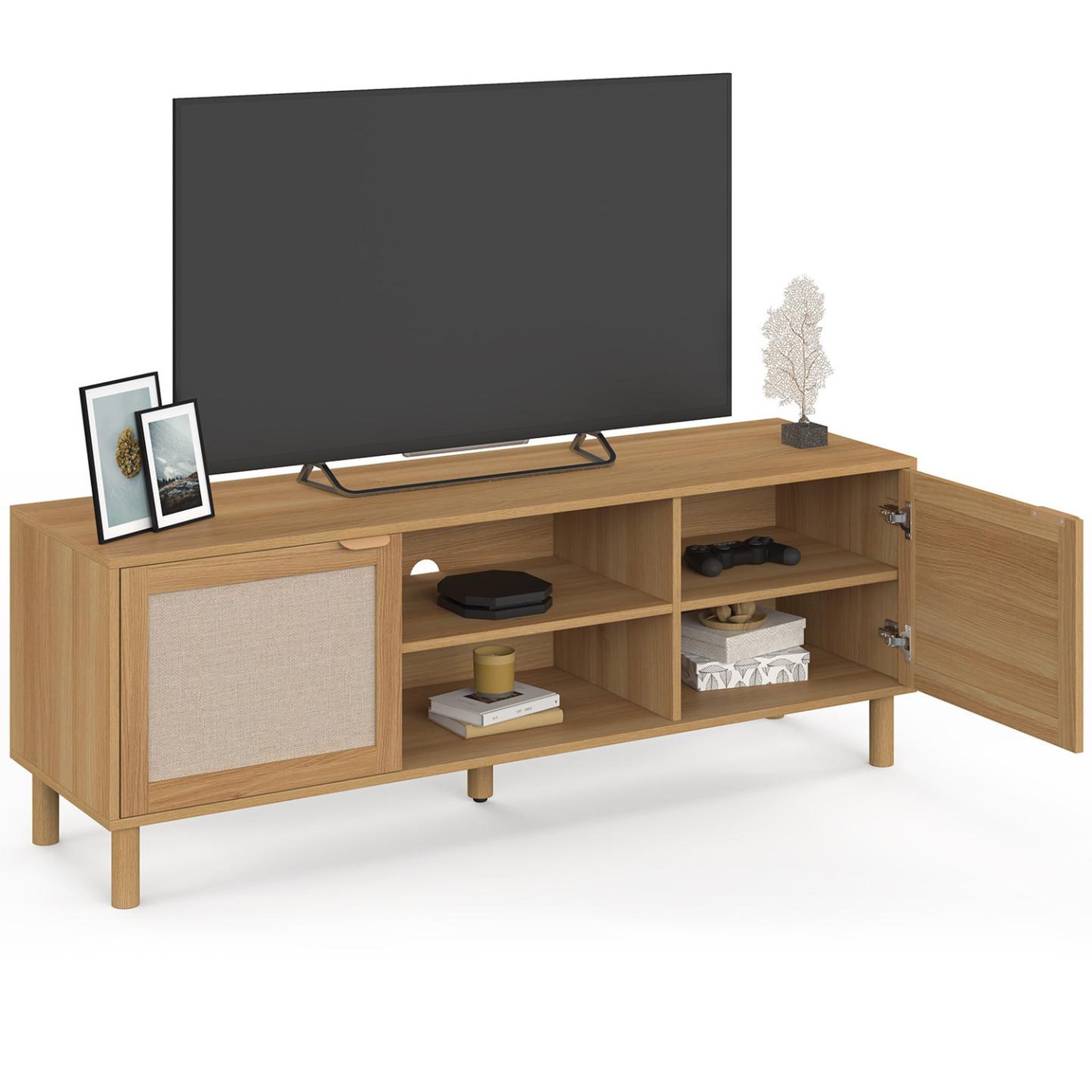 Voir la diapositive 4 : ID MARKET Meuble tv 140 cm robin 2 portes bois et tissu effet lin